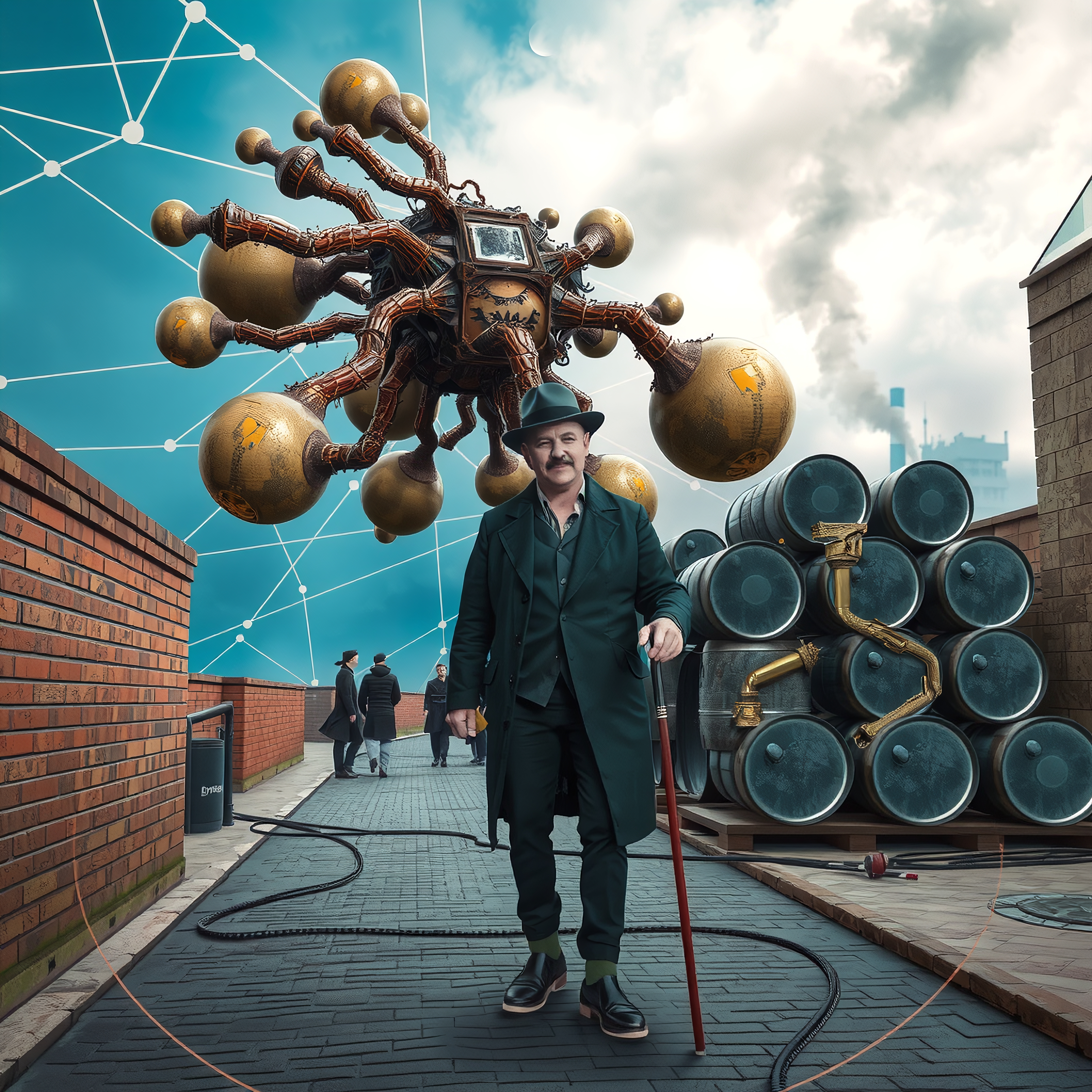 Man with cane and floating steampunk machine in urban setting.