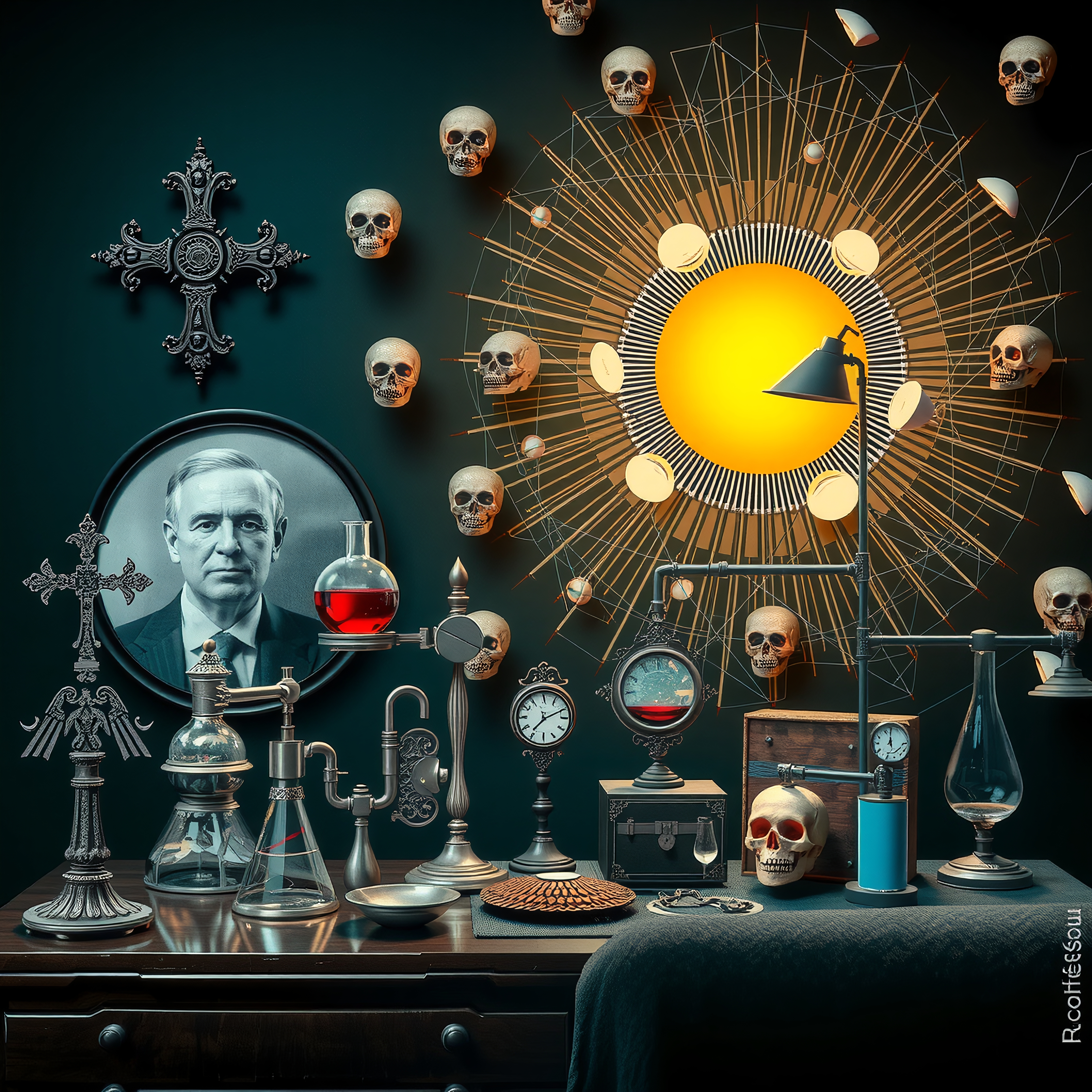 Vintage scientific instruments with skulls against a dark, moody background.