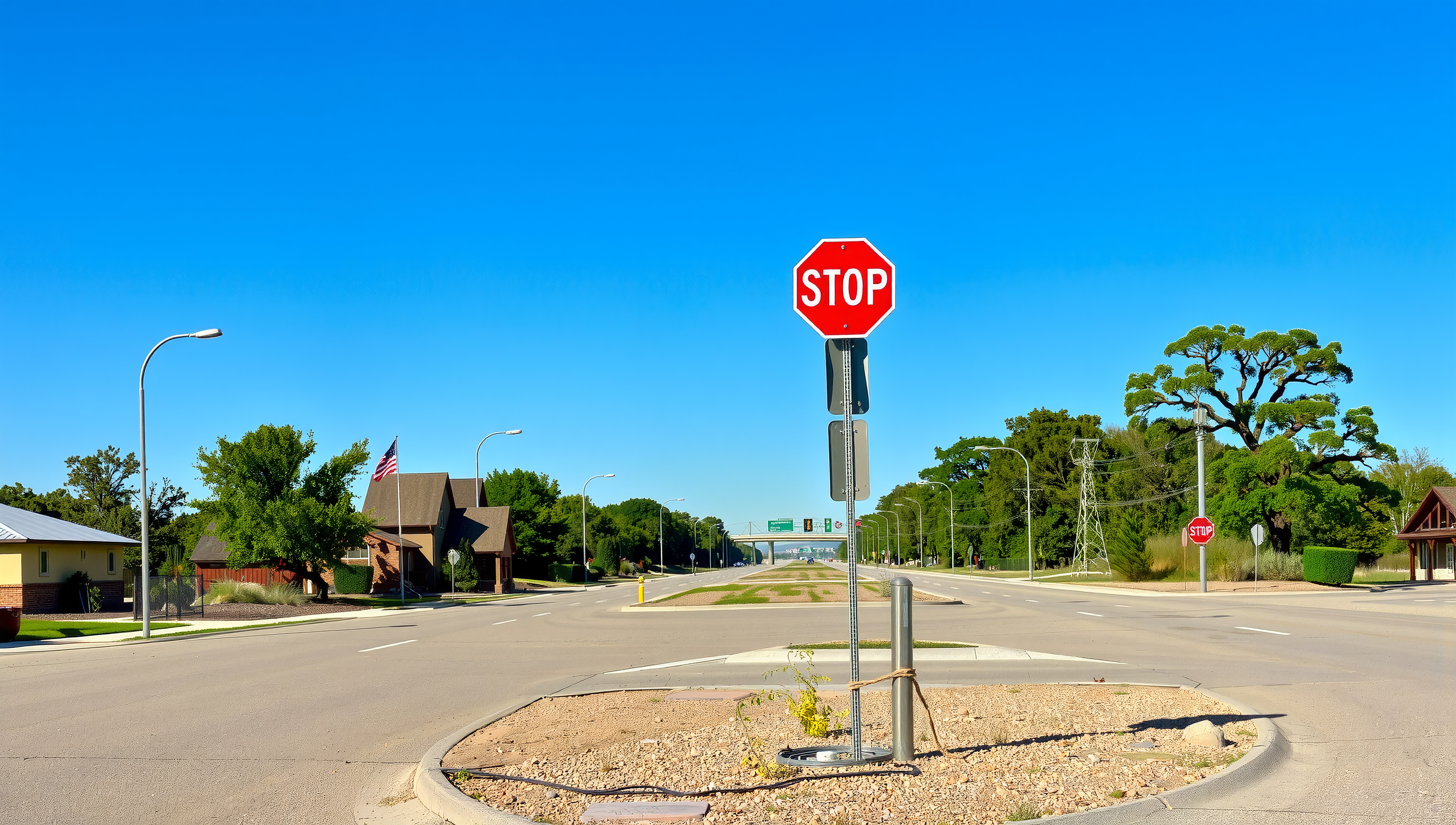 Suburban Road with Stop Sign