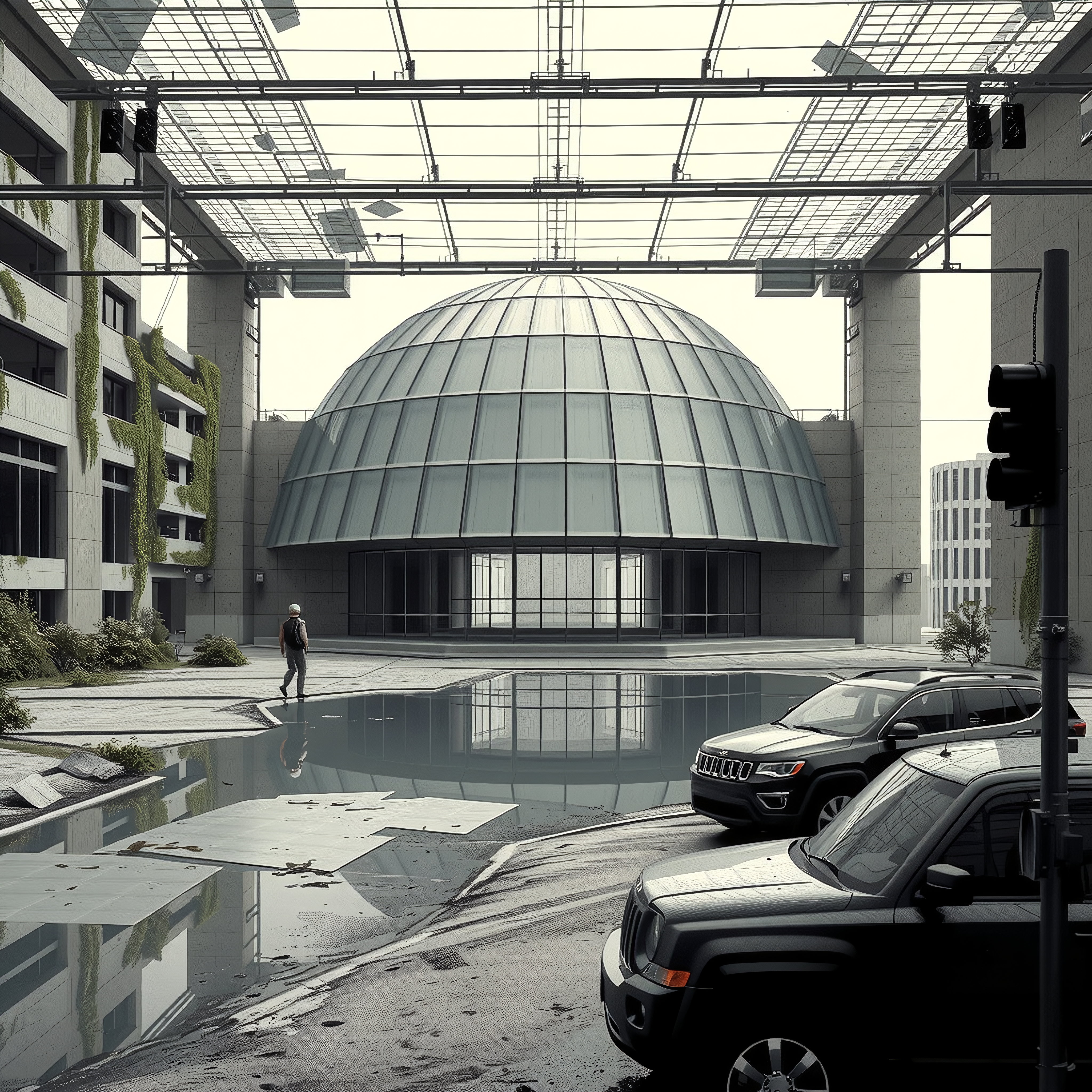 Futuristic dome building with reflections, SUVs, and overcast skies.