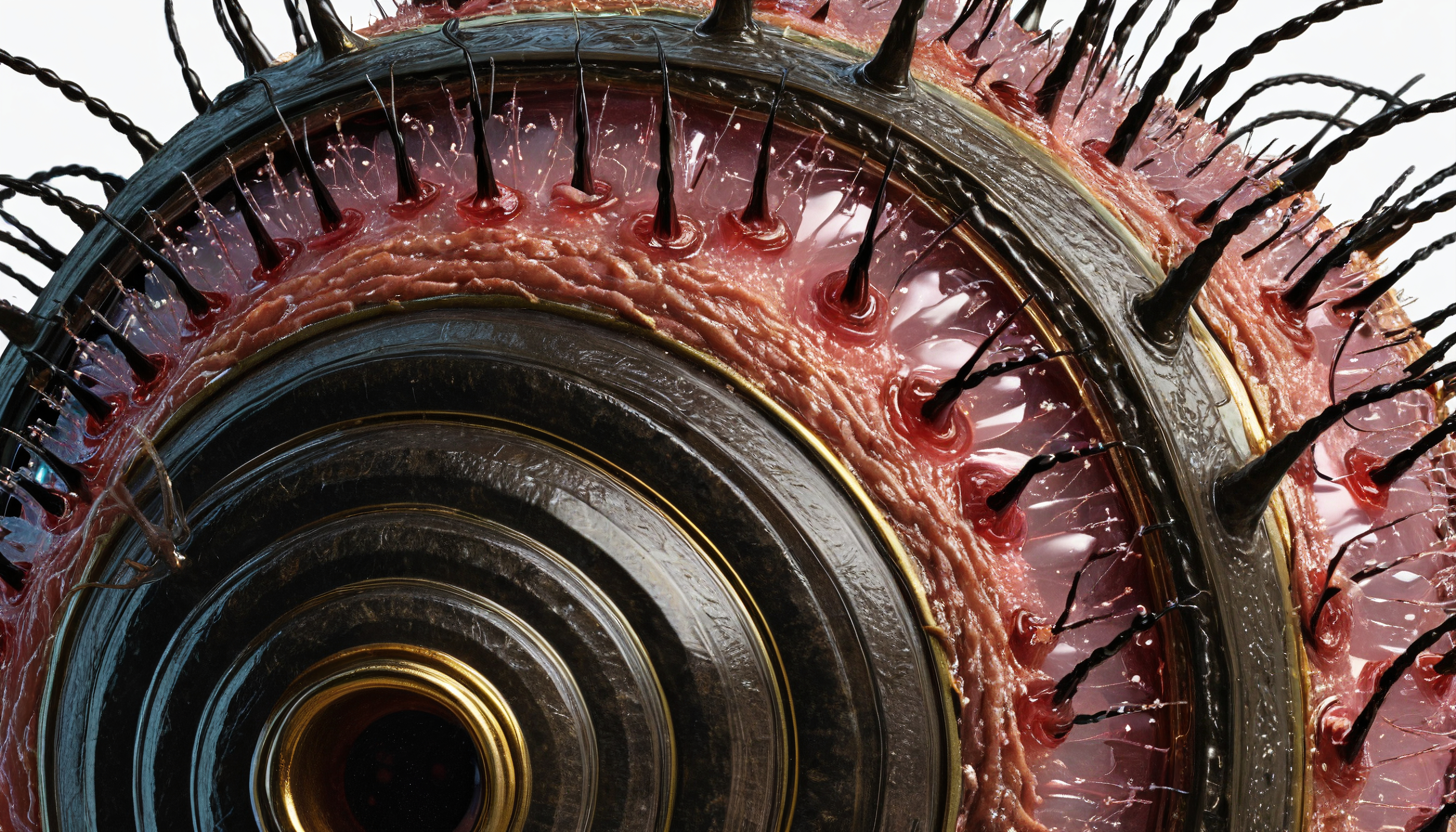 Close-up image of a surreal mechanical eye blending metallic and organic textures with hair-like structures.