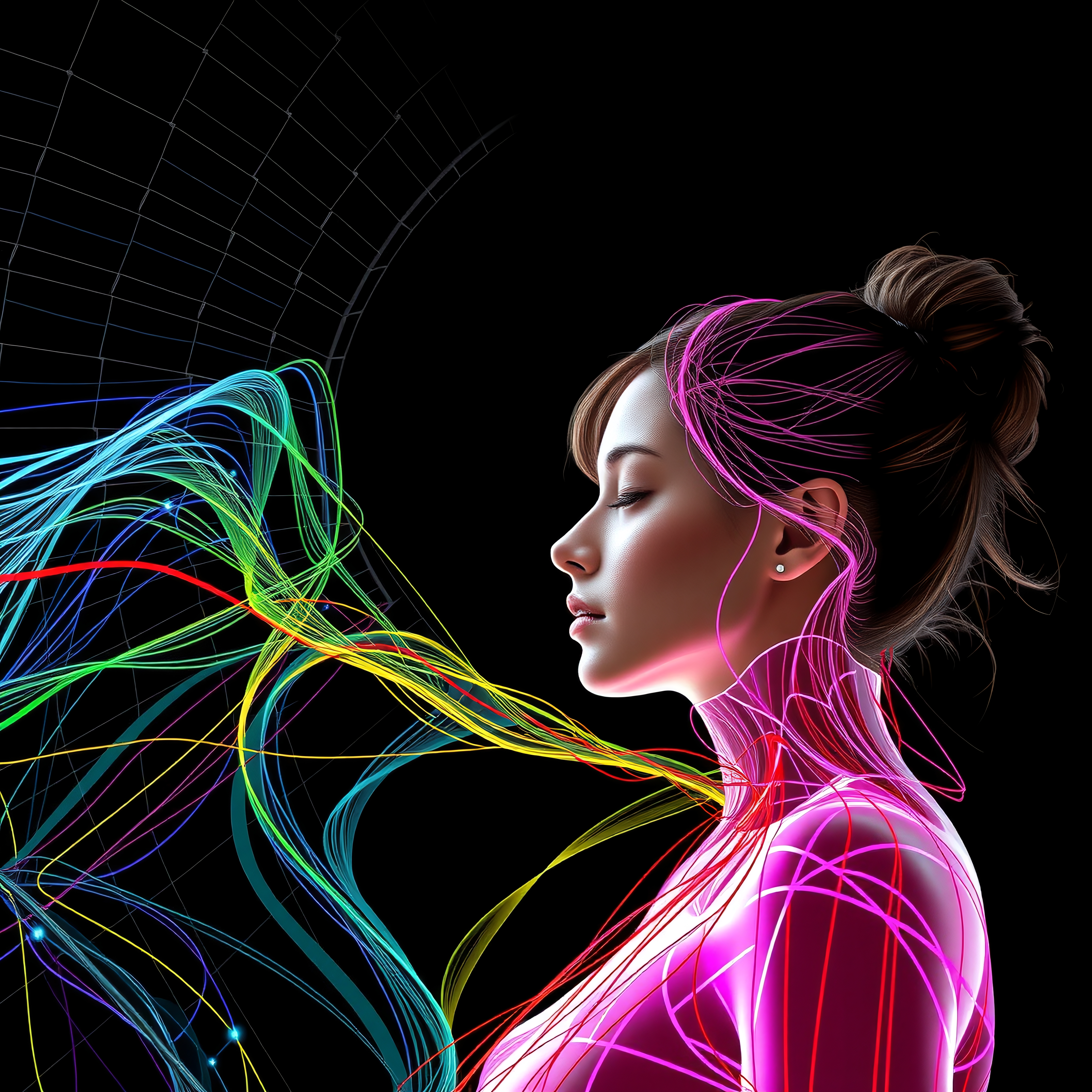 A serene woman with vibrant neon lines enveloping her against a dark backdrop, symbolizing the fusion of humanity and technology.
