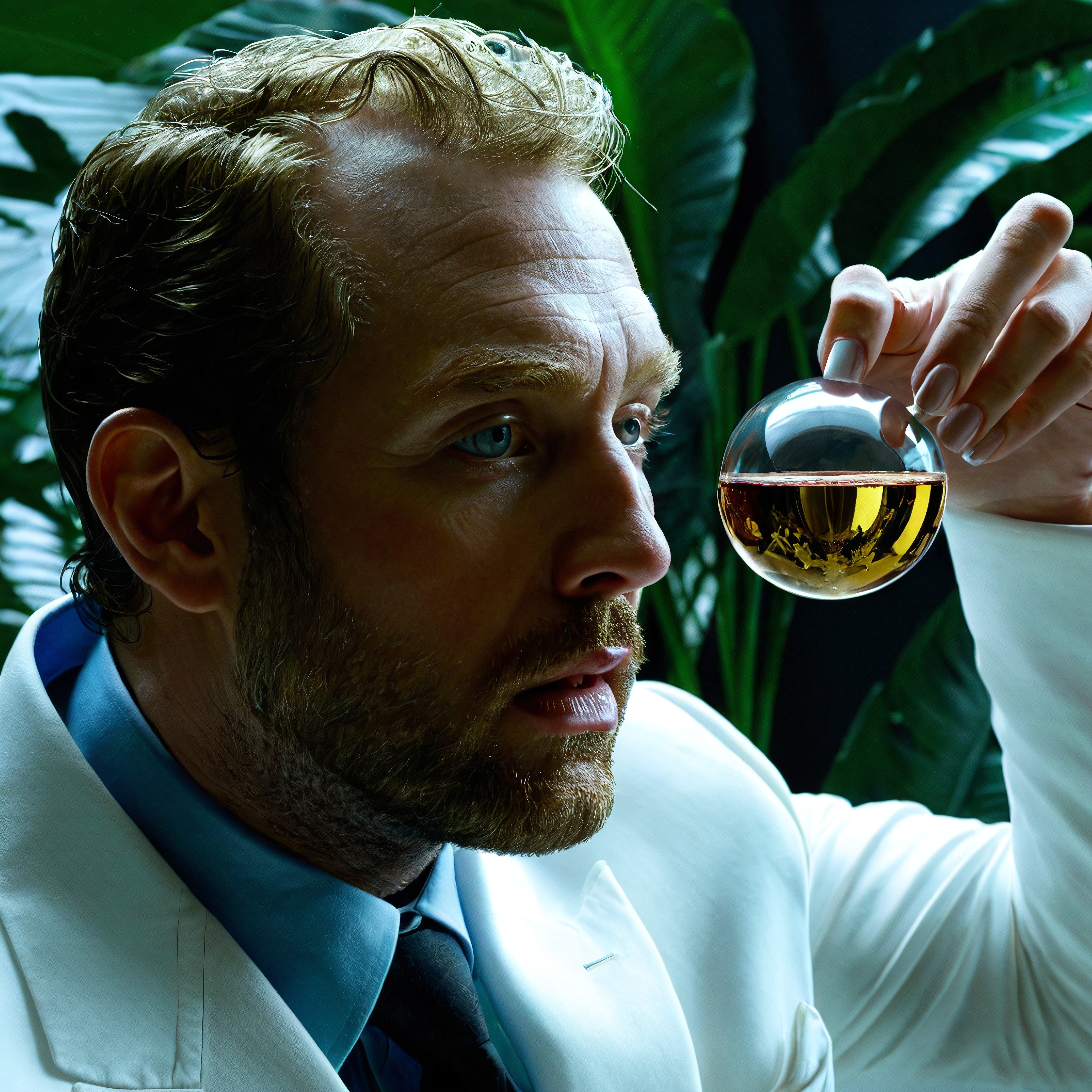 A man in a white suit examines a glass orb with amber liquid amid lush green leaves.