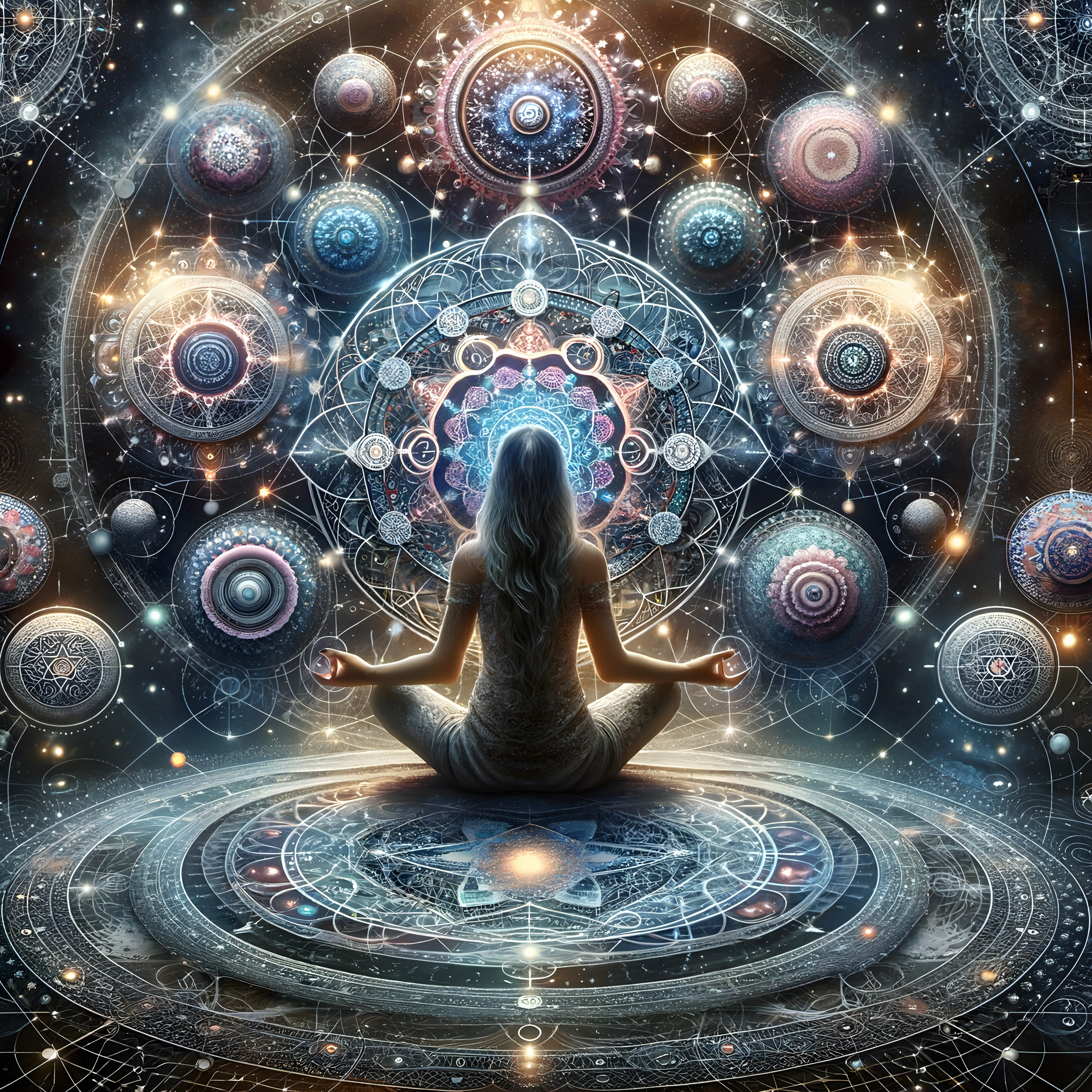 A person meditates within a cosmic mandala under a starry sky.