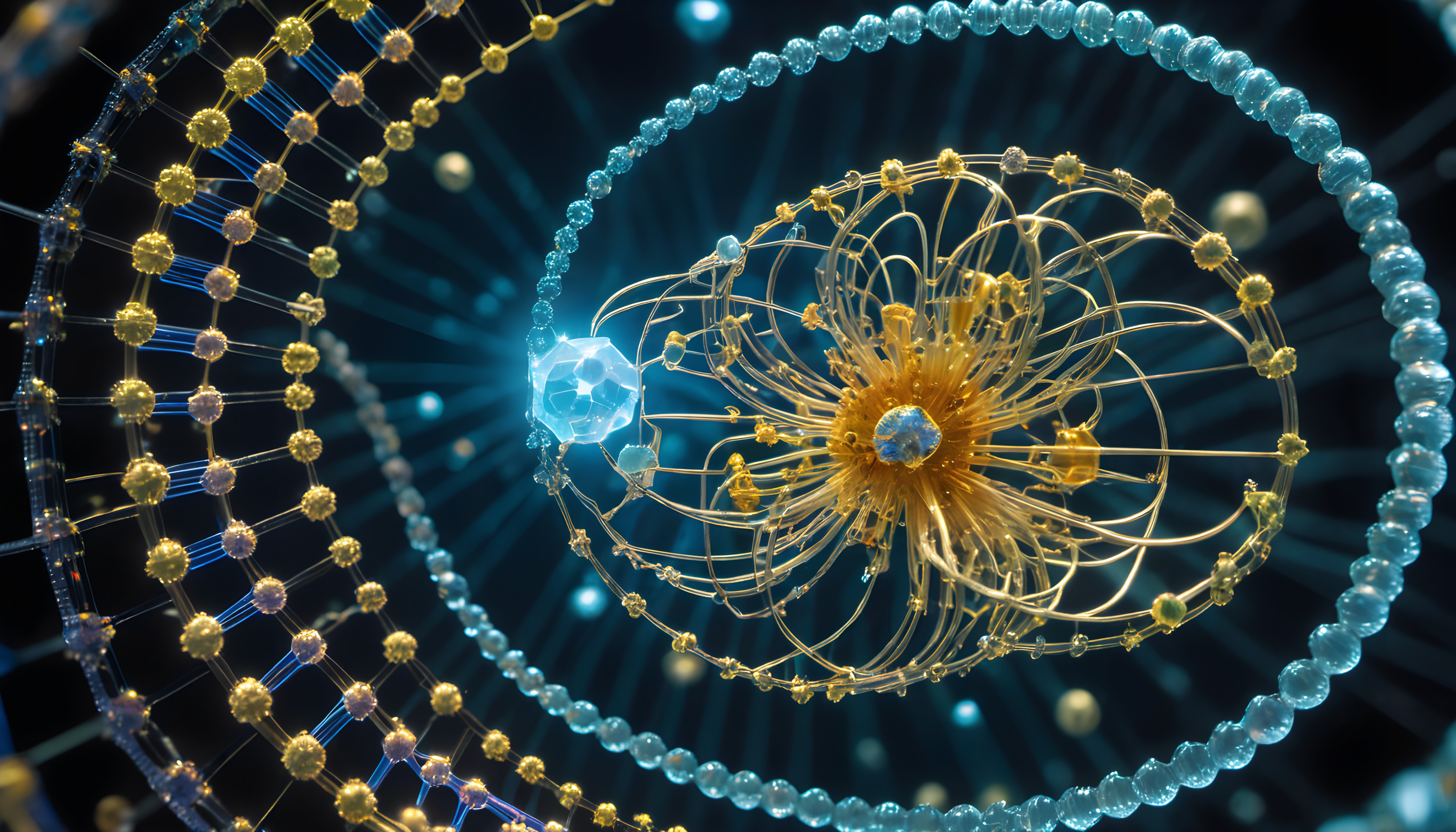 Abstract depiction of a molecular structure with spiraling blue and gold beads in a mesmerizing, glowing design.