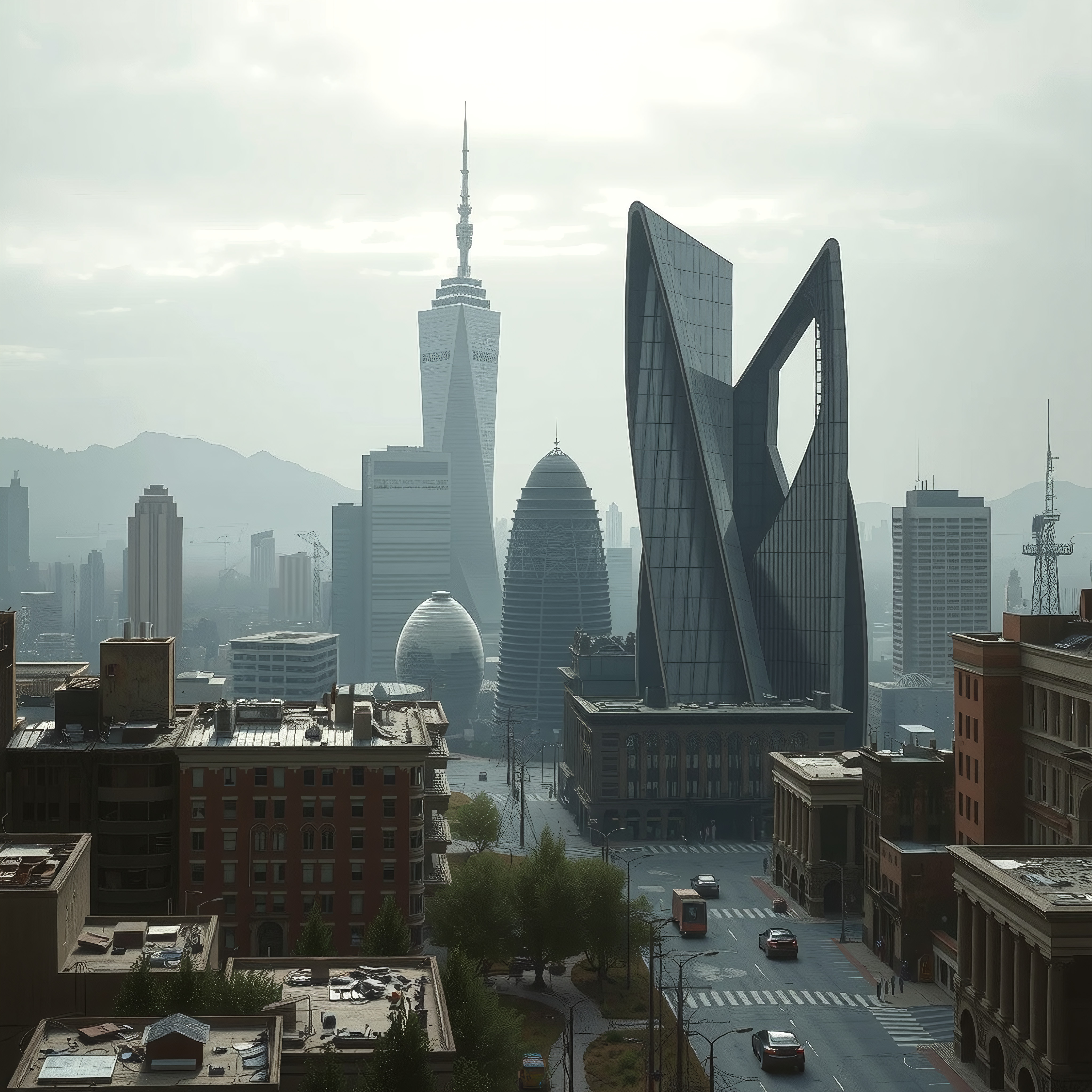 A futuristic city skyline with creatively designed skyscrapers, set against mountain silhouettes under a cloudy sky.