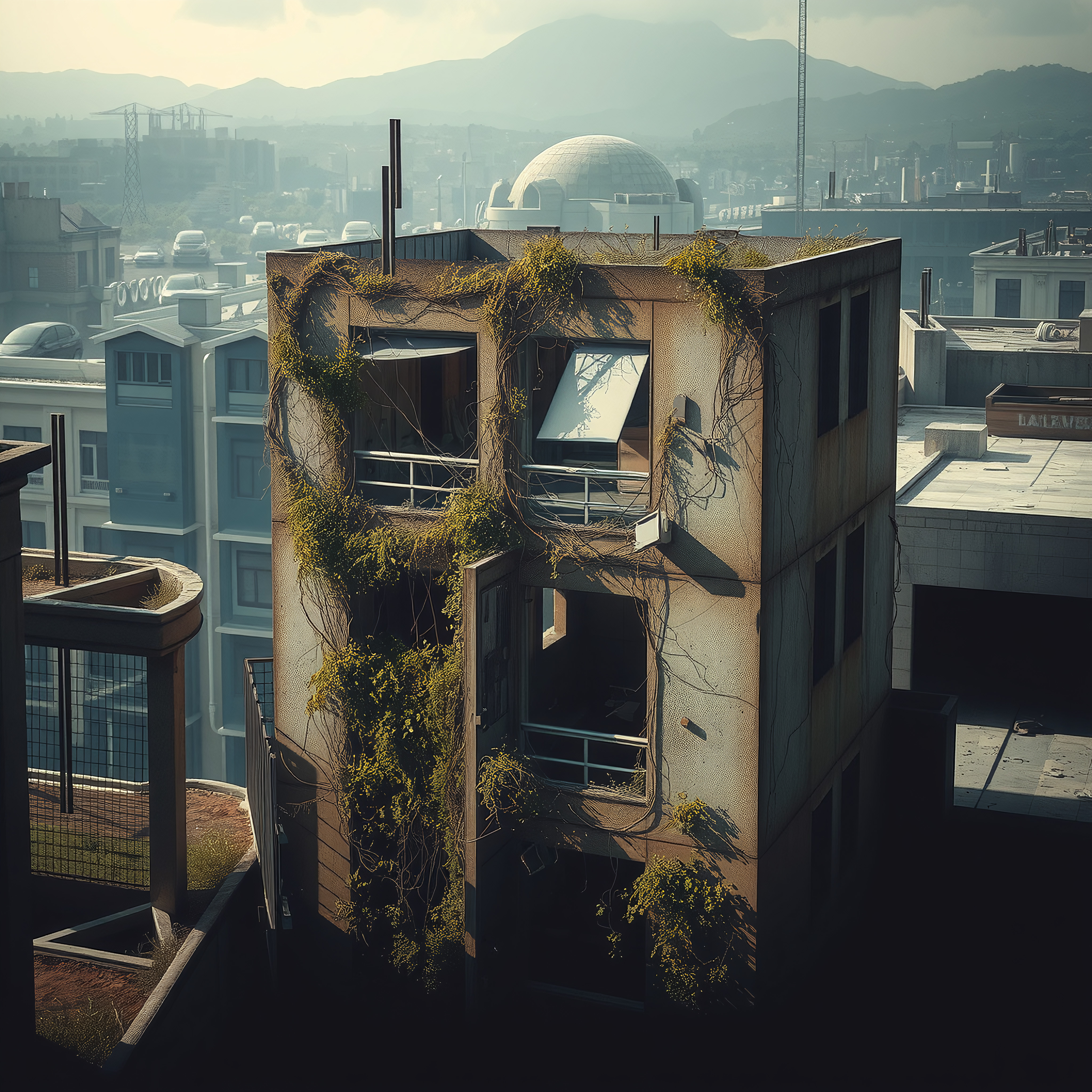 Aging urban building covered in ivy amidst surrounding modern cityscape.