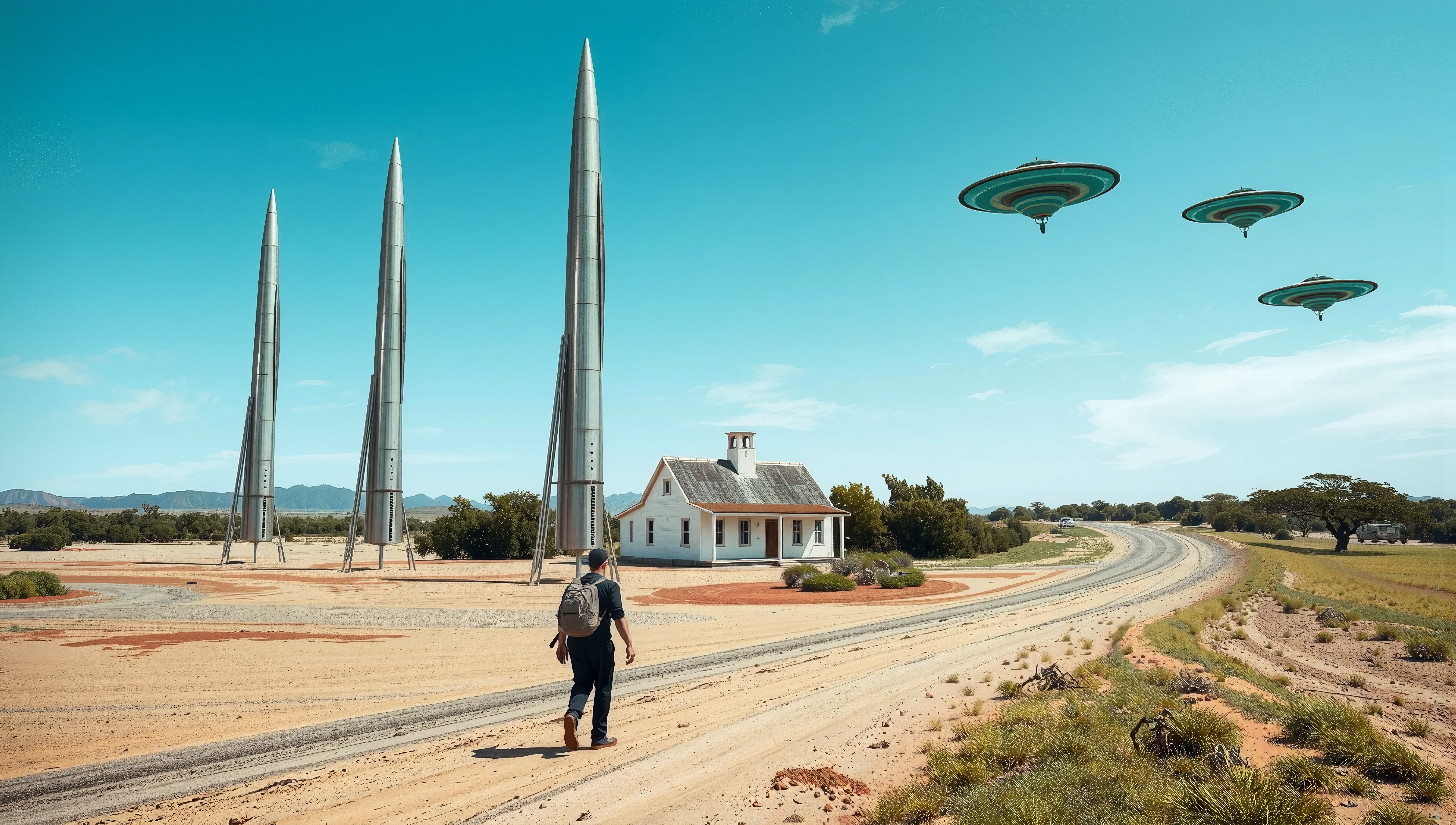 A person walks toward a small house, dwarfed by large rockets and hovering UFOs in a vast desert landscape.