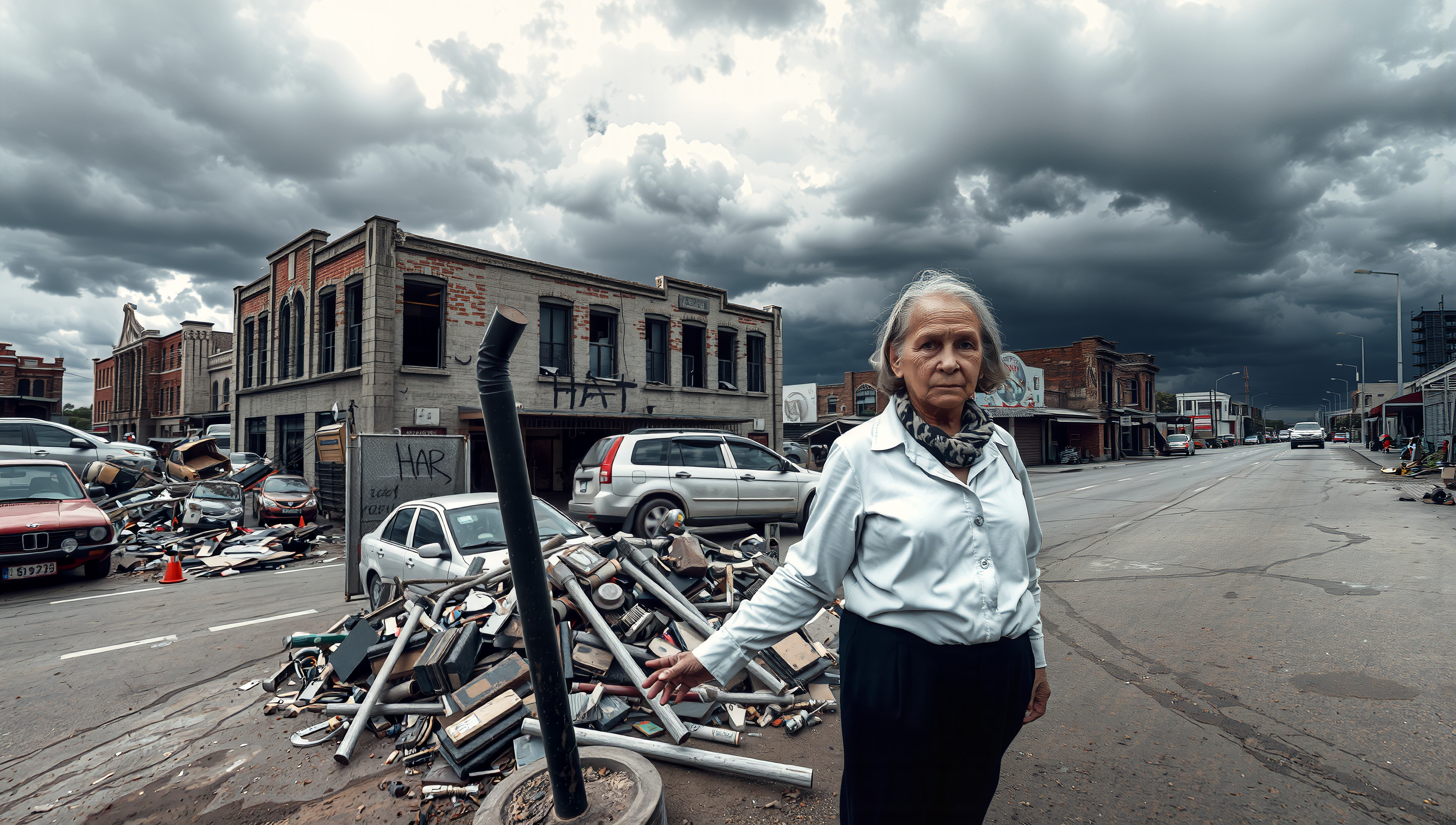 Elderly woman in storm-hit street amidst debris.