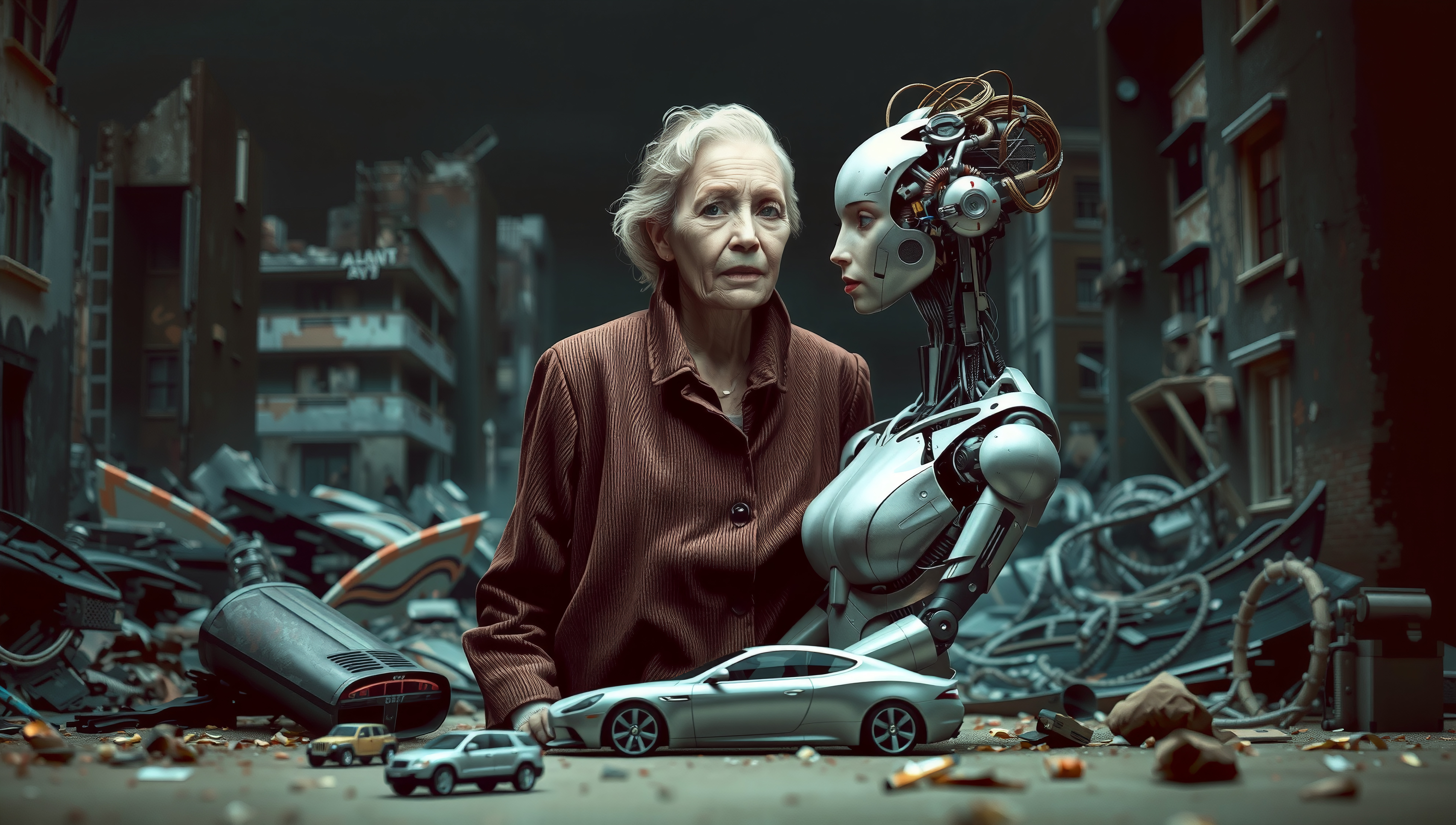 Elderly woman embraces humanoid robot in a dystopian cityscape.