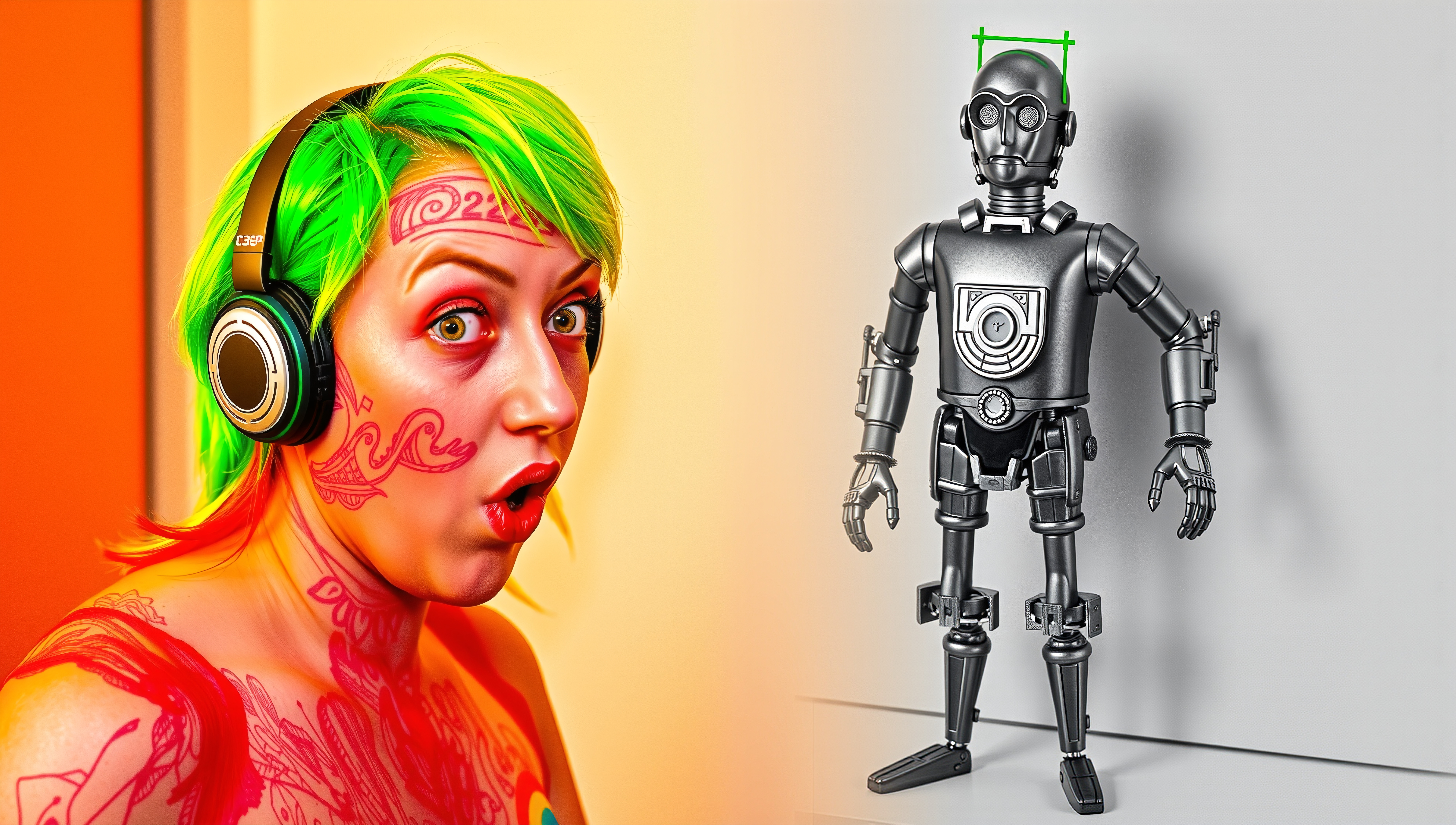 A vibrant woman with green hair and tattoos wears headphones alongside a mechanical robot, blending technology and expression.