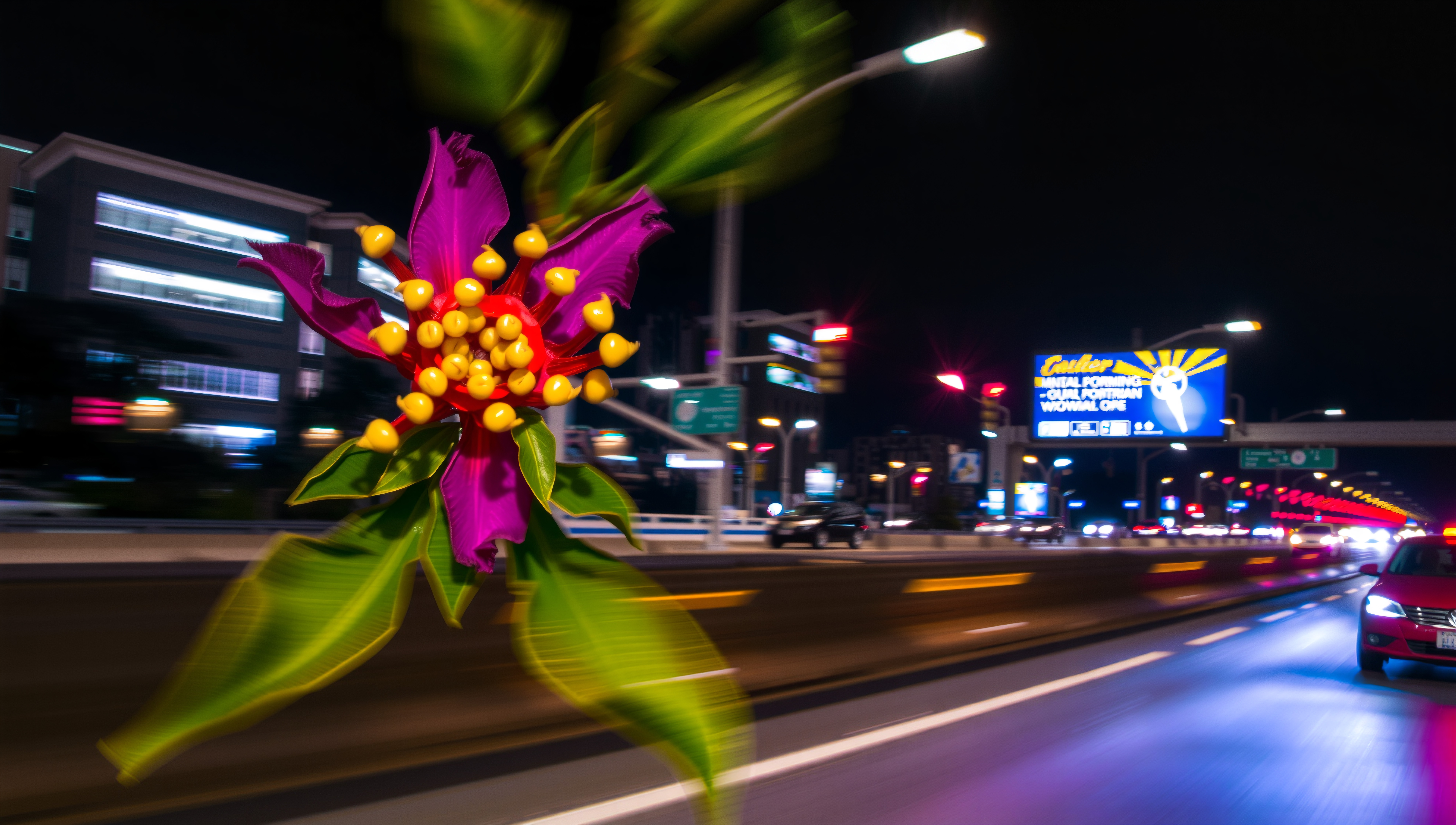 A surreal purple flower juxtaposed with vibrant city lights on a bustling nighttime highway.