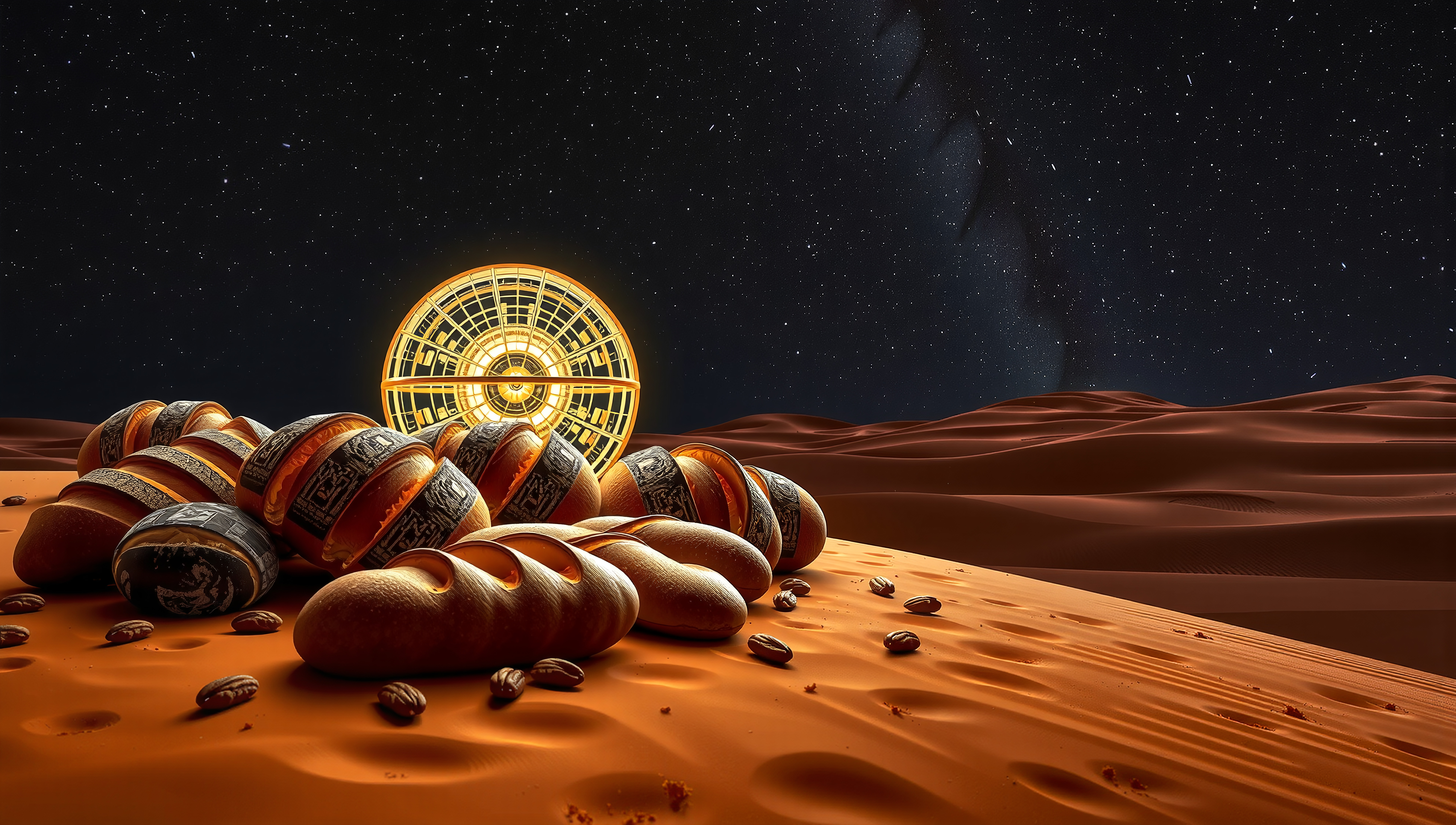 A futuristic glowing portal and loaves lie under a starlit desert sky.