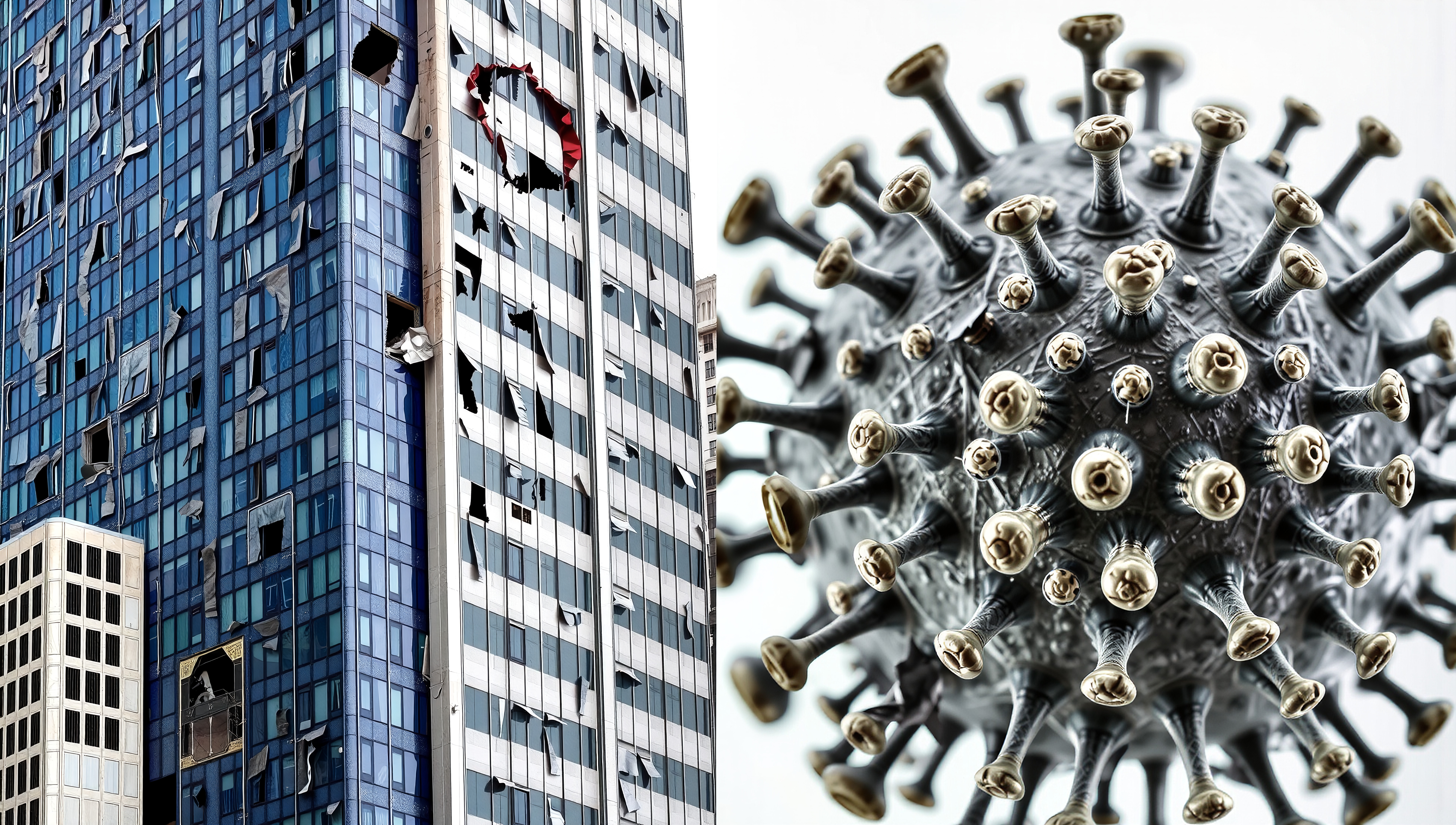 An image of a damaged high-rise building with broken windows alongside a magnified virus representation, illustrating the impact of viral outbreaks on urban areas.