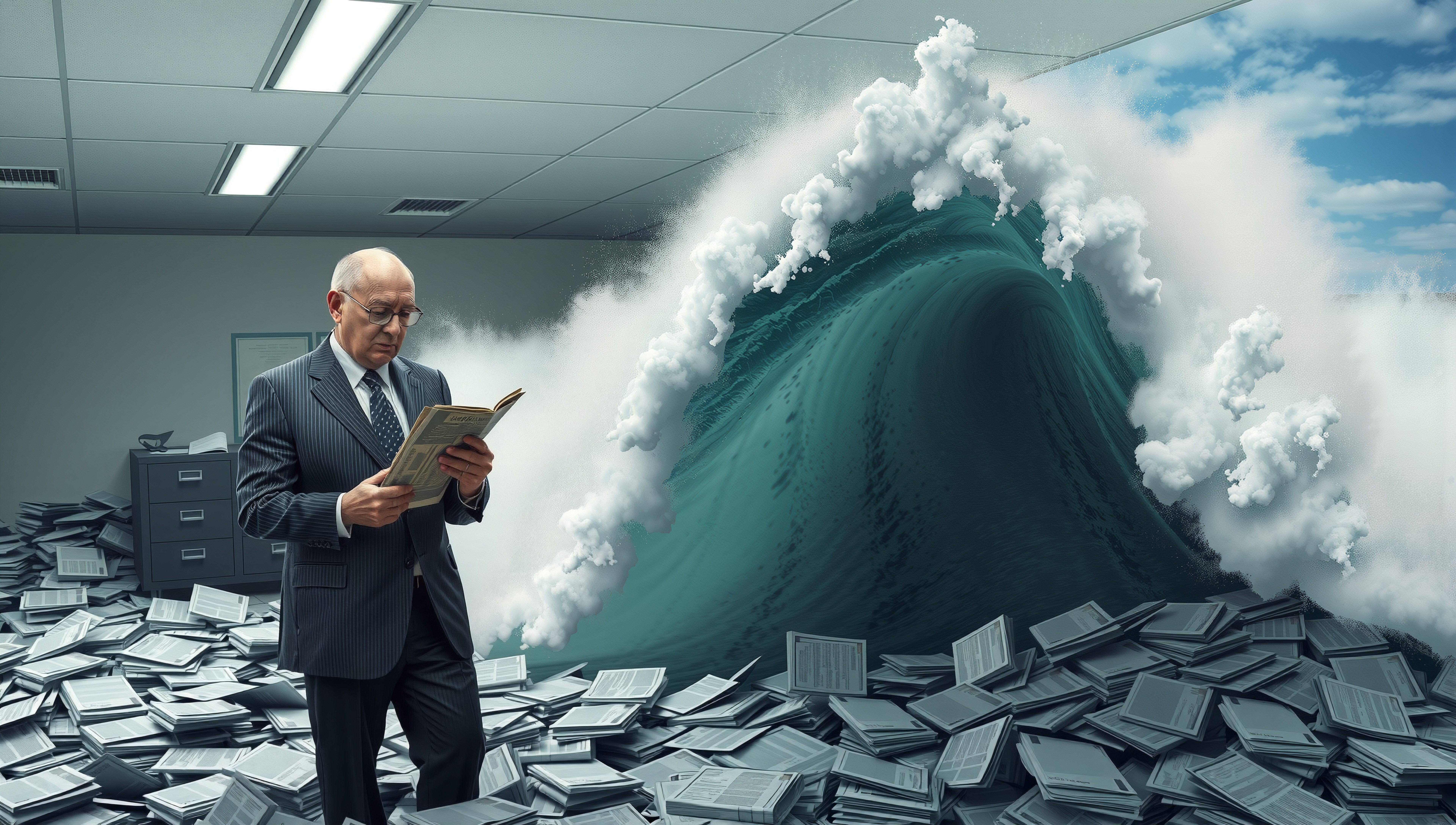 A businessman reads a book as a massive wave of scattered paperwork floods his office, symbolizing overwhelming professional chaos.
