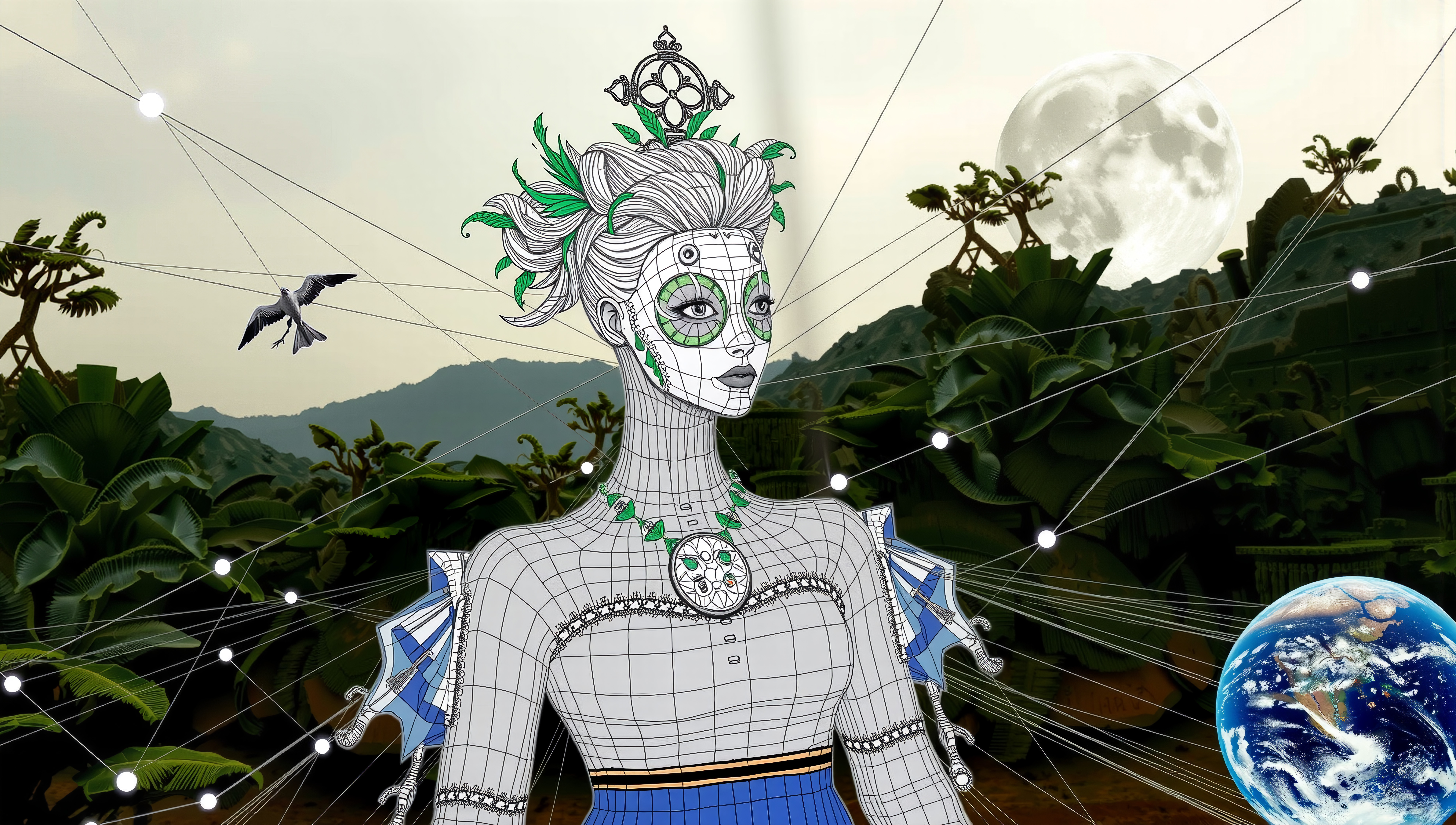 A futuristic humanoid with robotic features stands in a lush jungle, connected by lines, with Earth and moon in the background.