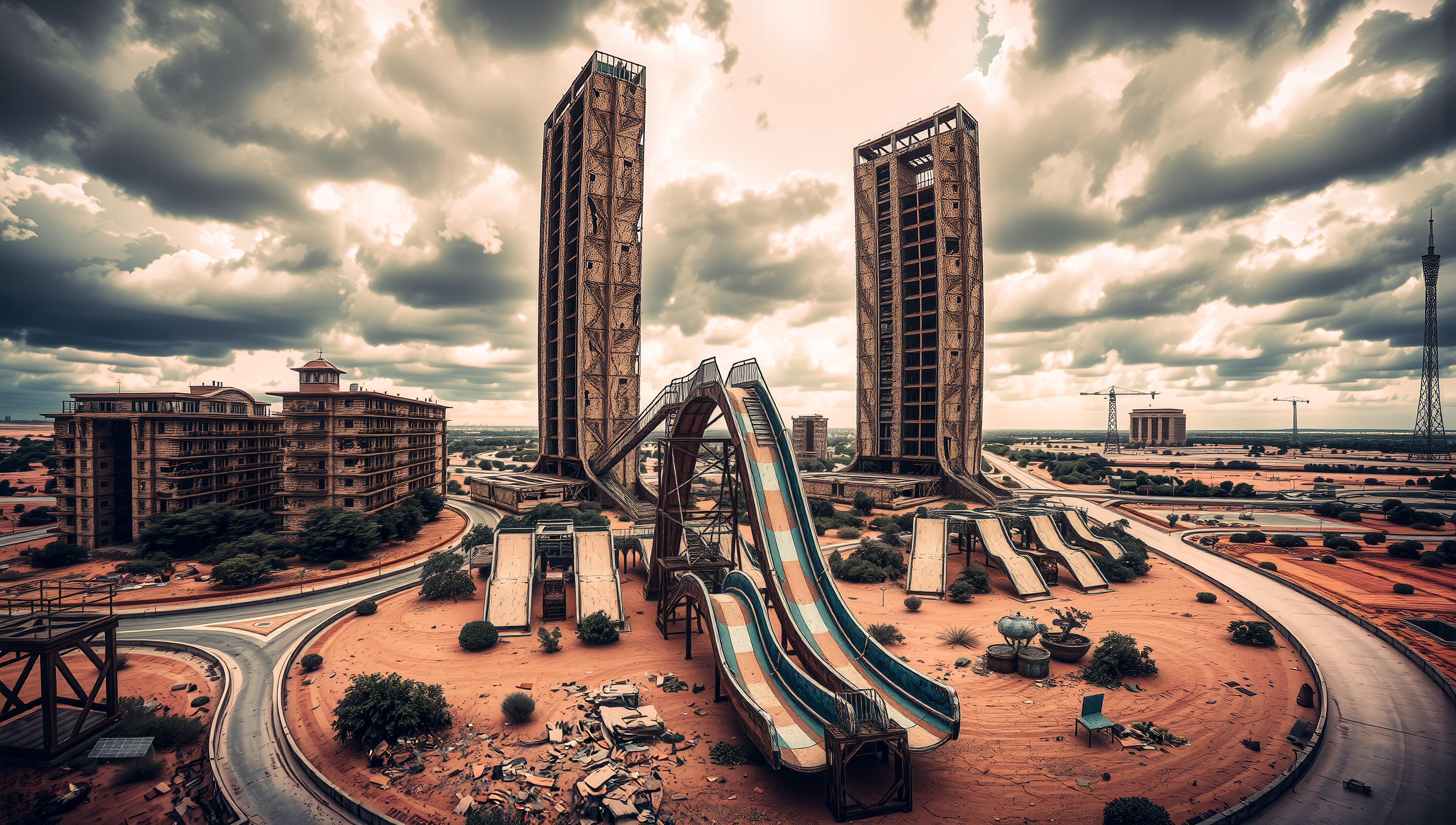 Abandoned theme park with towering empty slides and unfinished buildings under a dramatic sky.