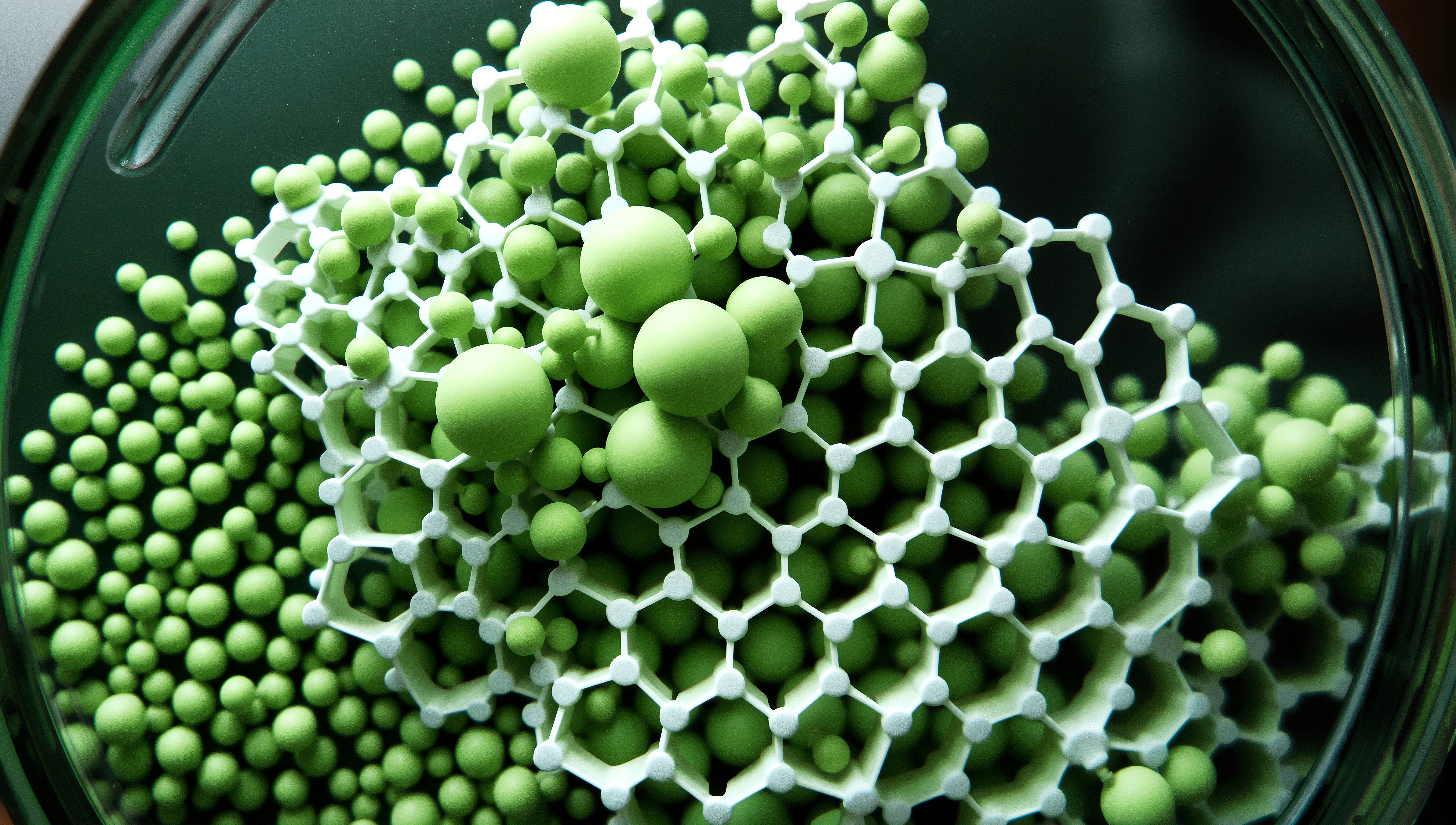 A cluster of green spheres connected by a white hexagonal lattice, representing a molecular structure.