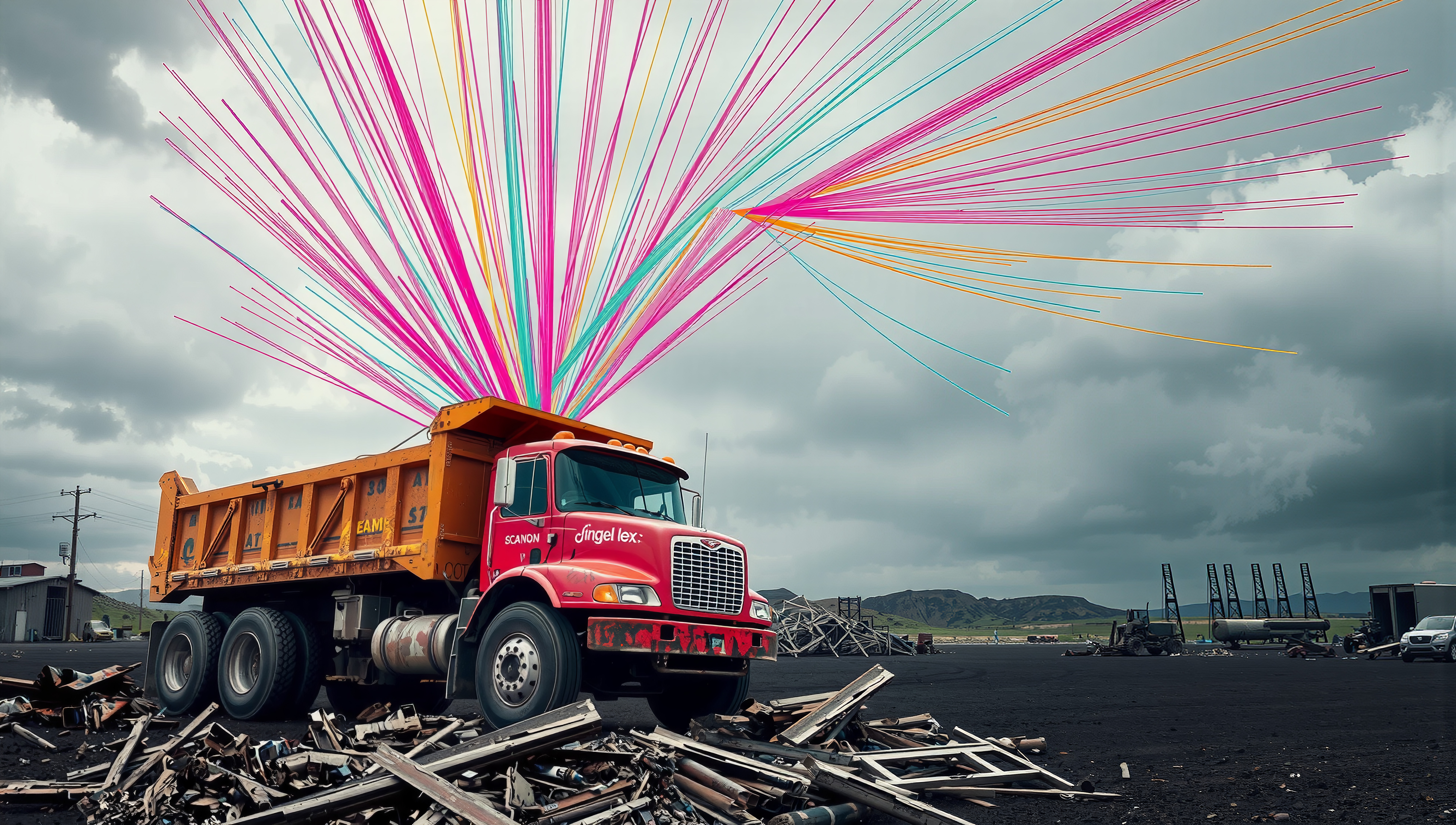 A colorful burst of beams erupts from a dump truck, creating an imaginative contrast against a gloomy sky.