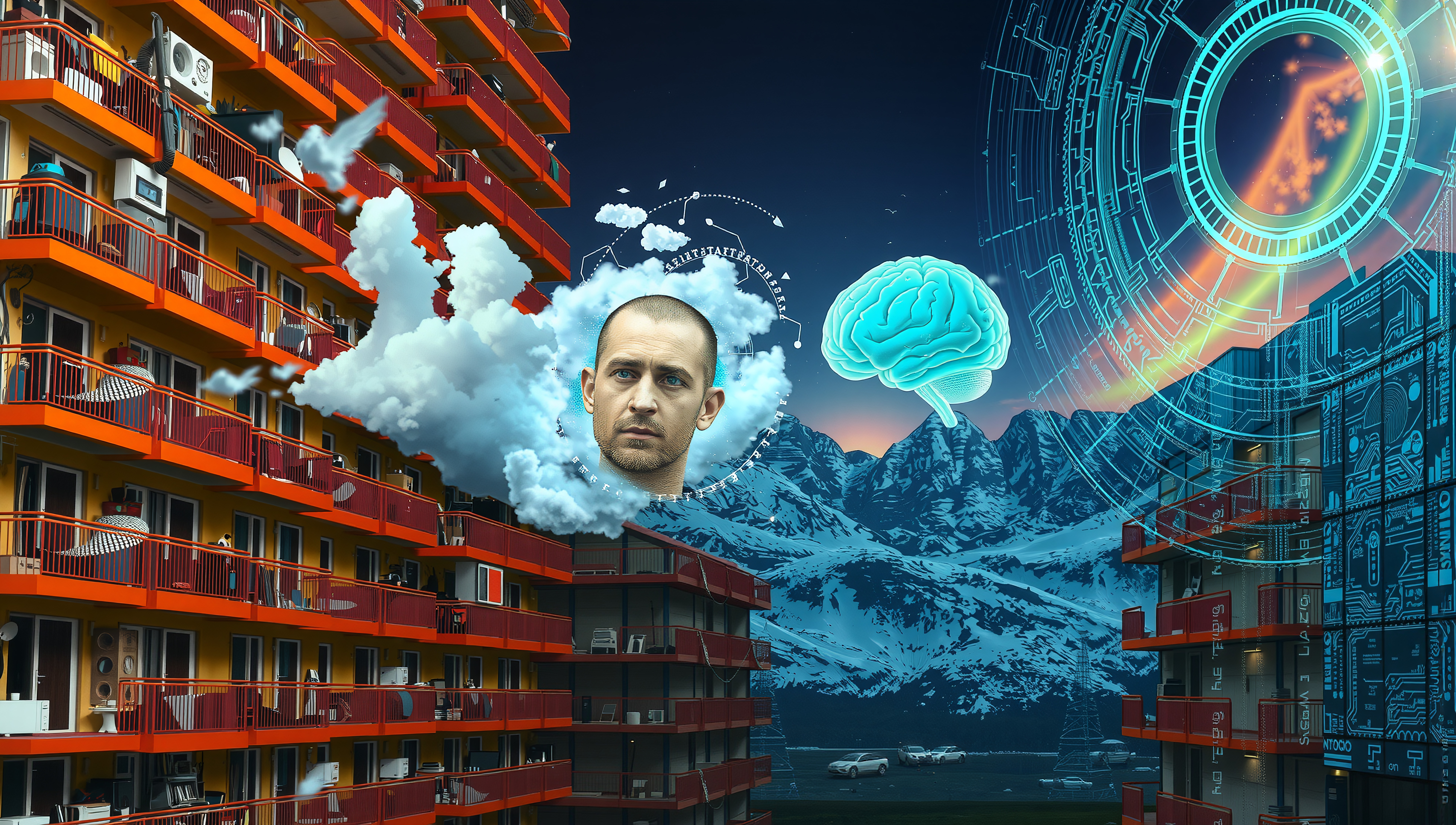 Surreal digital artwork with urban, nature, and futuristic elements including apartments, clouds, brain, and mountains.