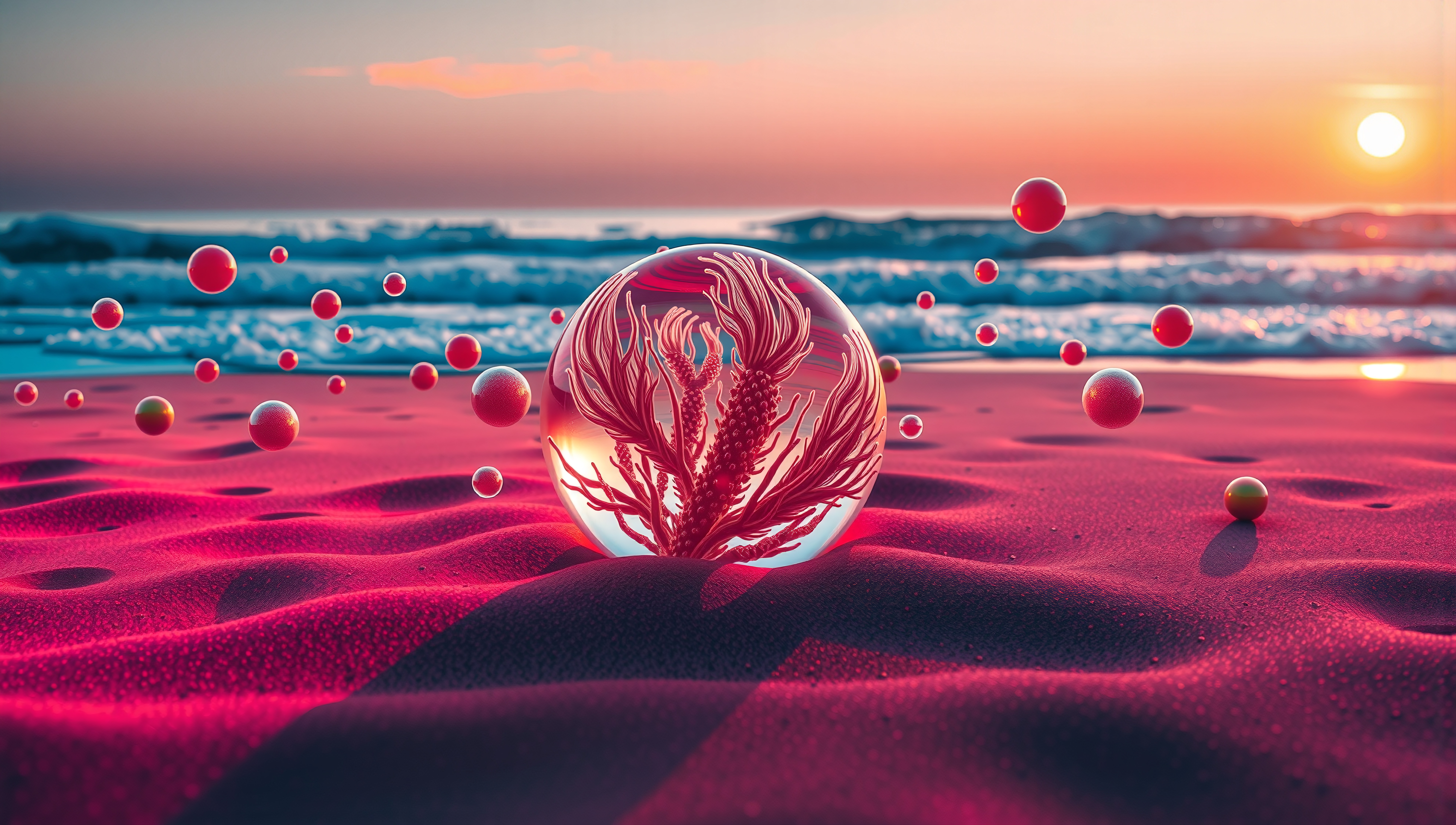 Surreal beach scene with floating orbs, transparent sphere, and vivid pink sand at sunset.
