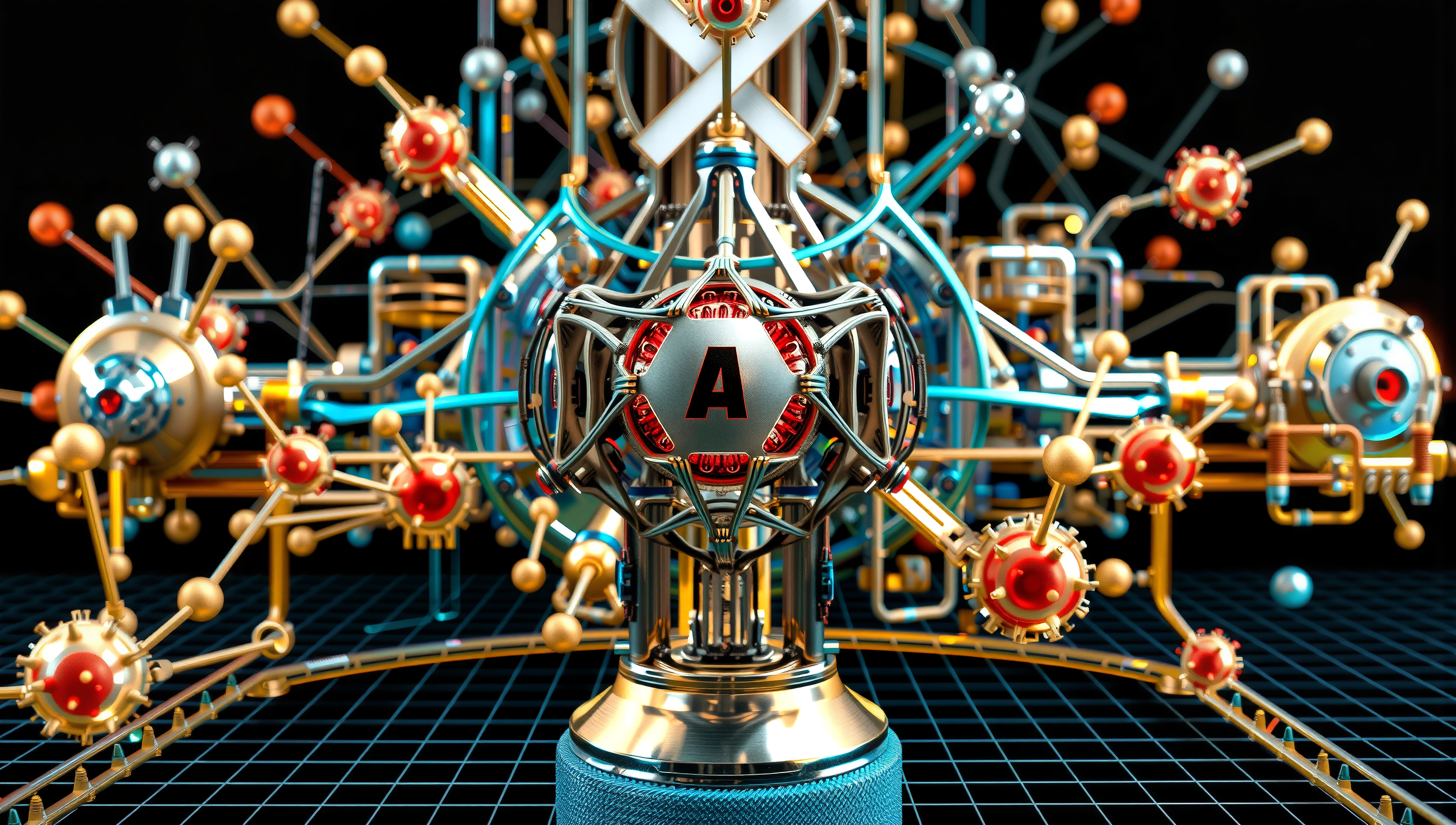 Futuristic mechanical structure with interconnected sphere and glowing elements.