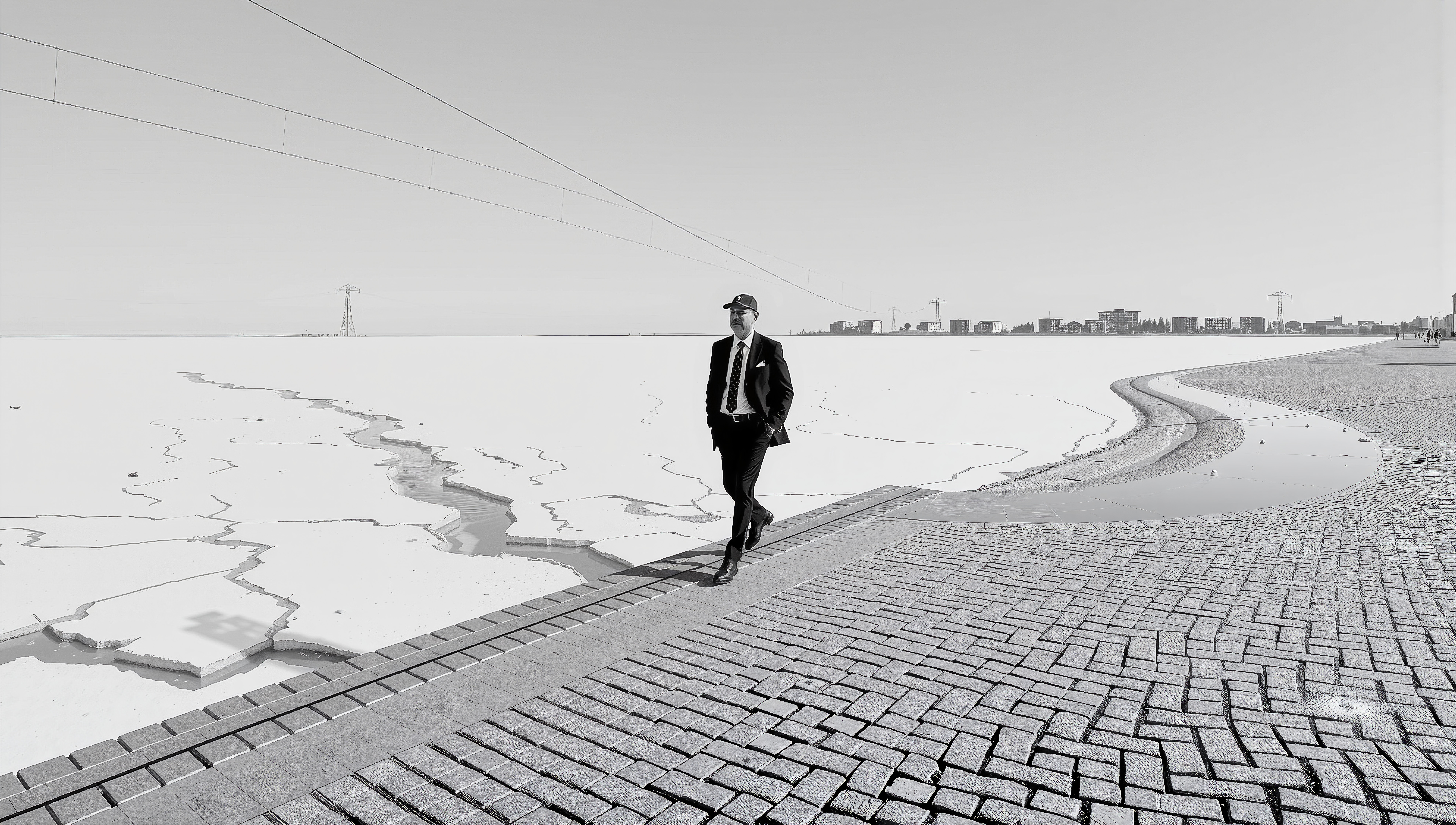 A man in a suit walks along a brick promenade with a frozen landscape and city skyline in the background.