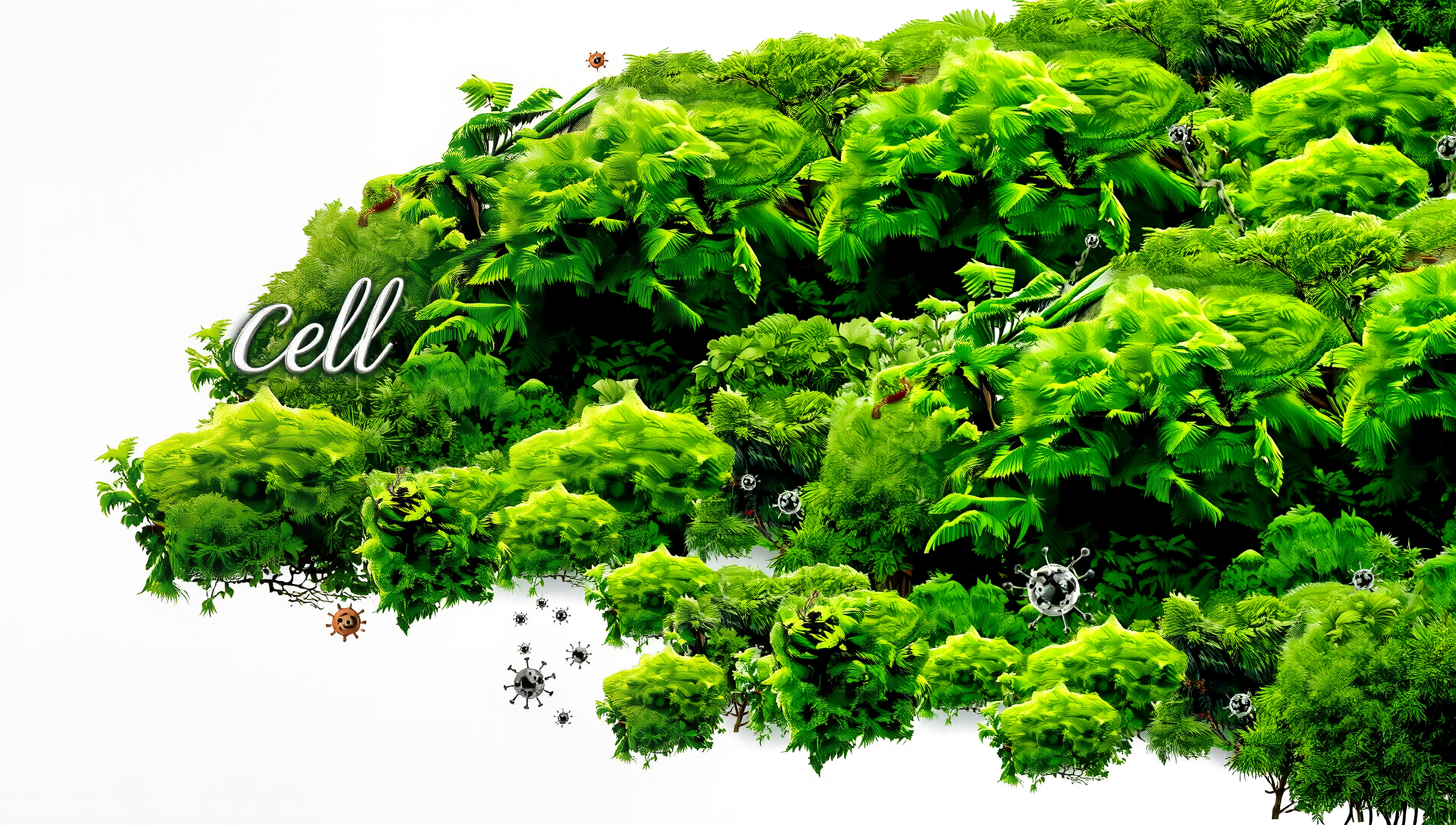 Lush green foliage with stylized microorganisms in an artistic design on a white background.