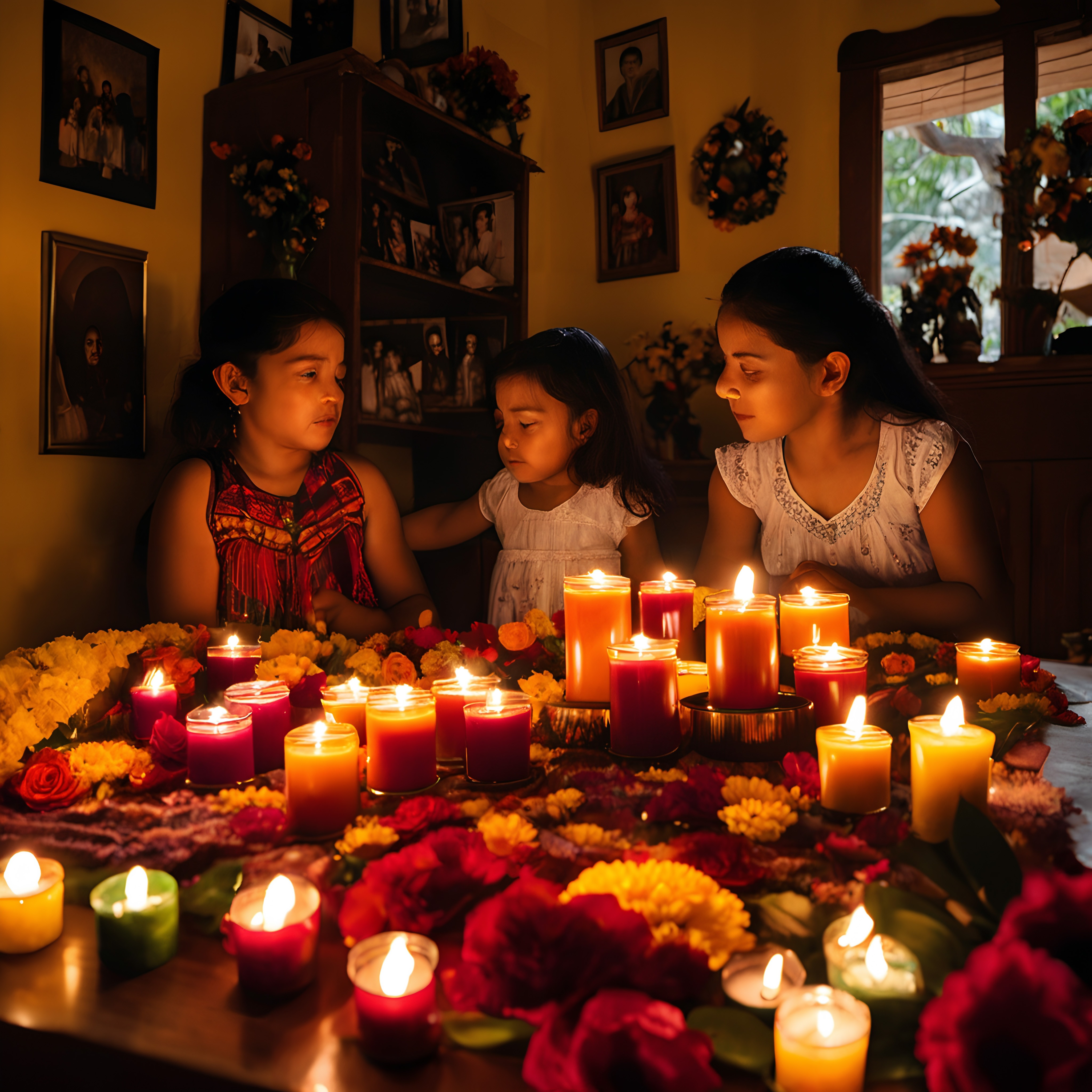 Warmly lit room with candles and flowers, three girls in traditional attire engaged in conversation, surrounded by family photographs.