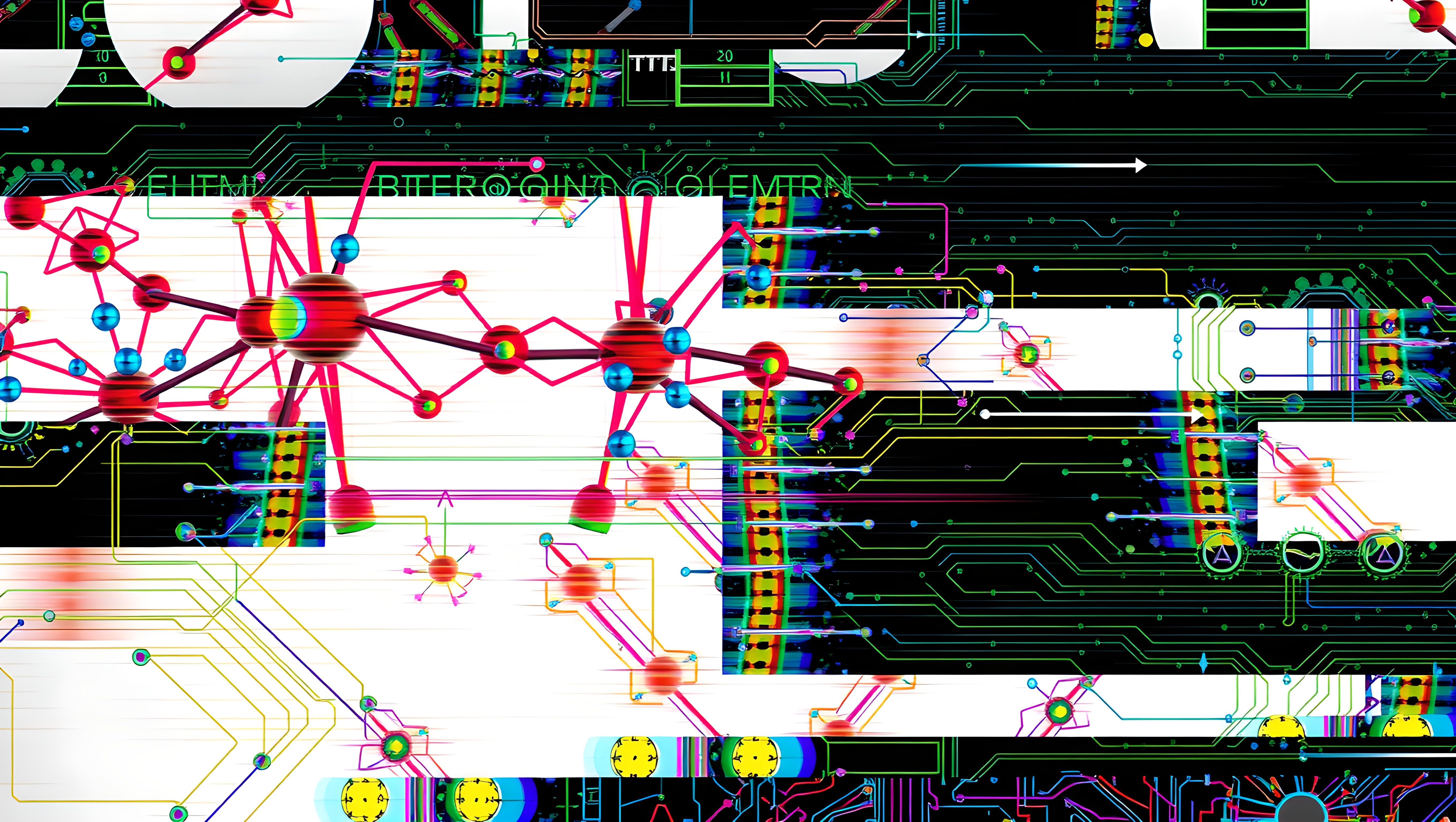 An abstract image combining digital circuitry and molecular models in a vibrant and colorful design, featuring bright red and blue structures on a high-tech background.