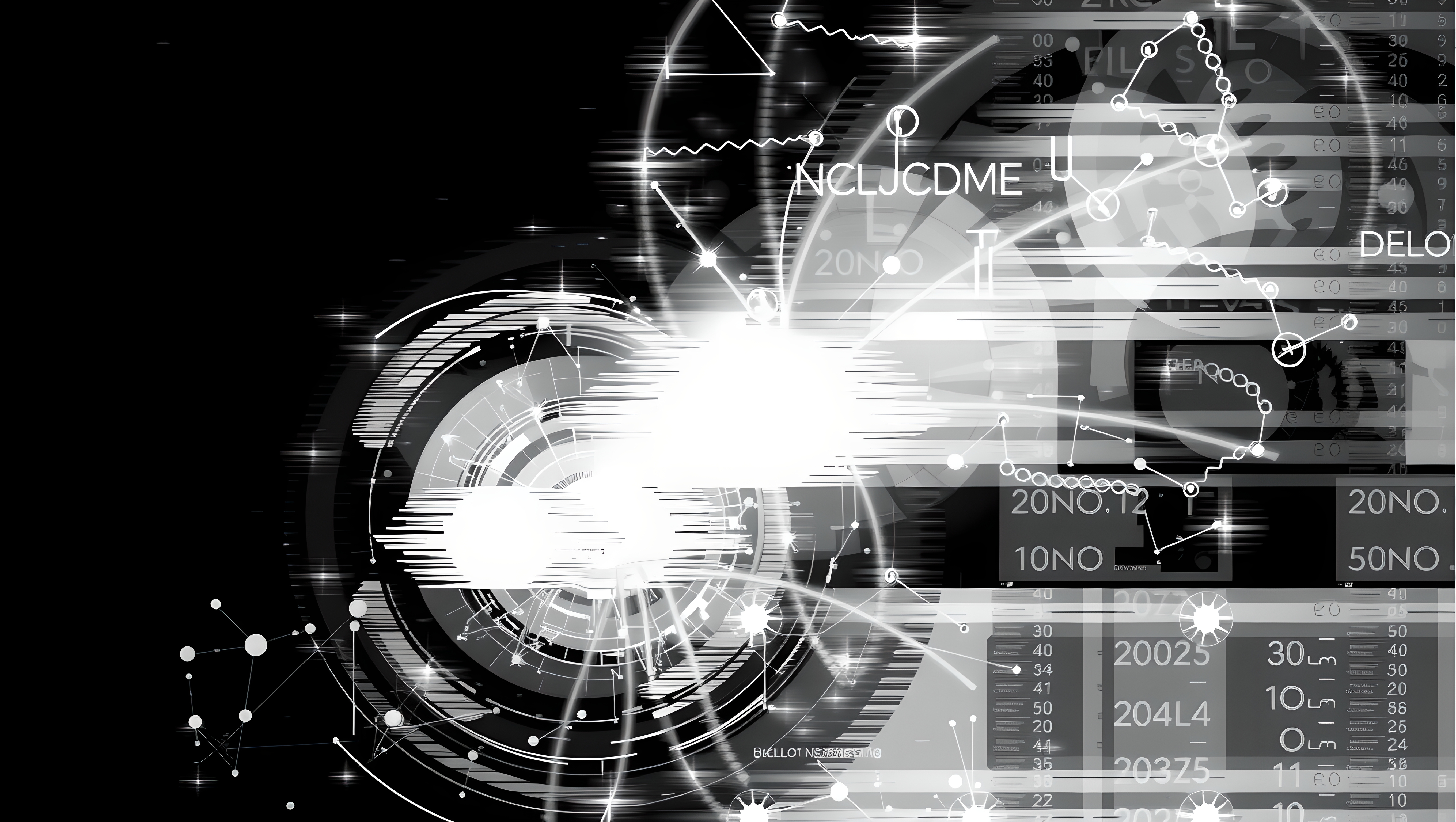 Abstract digital artwork with futuristic geometric shapes and data elements, conveying technological connectivity and innovation in a monochromatic scheme.