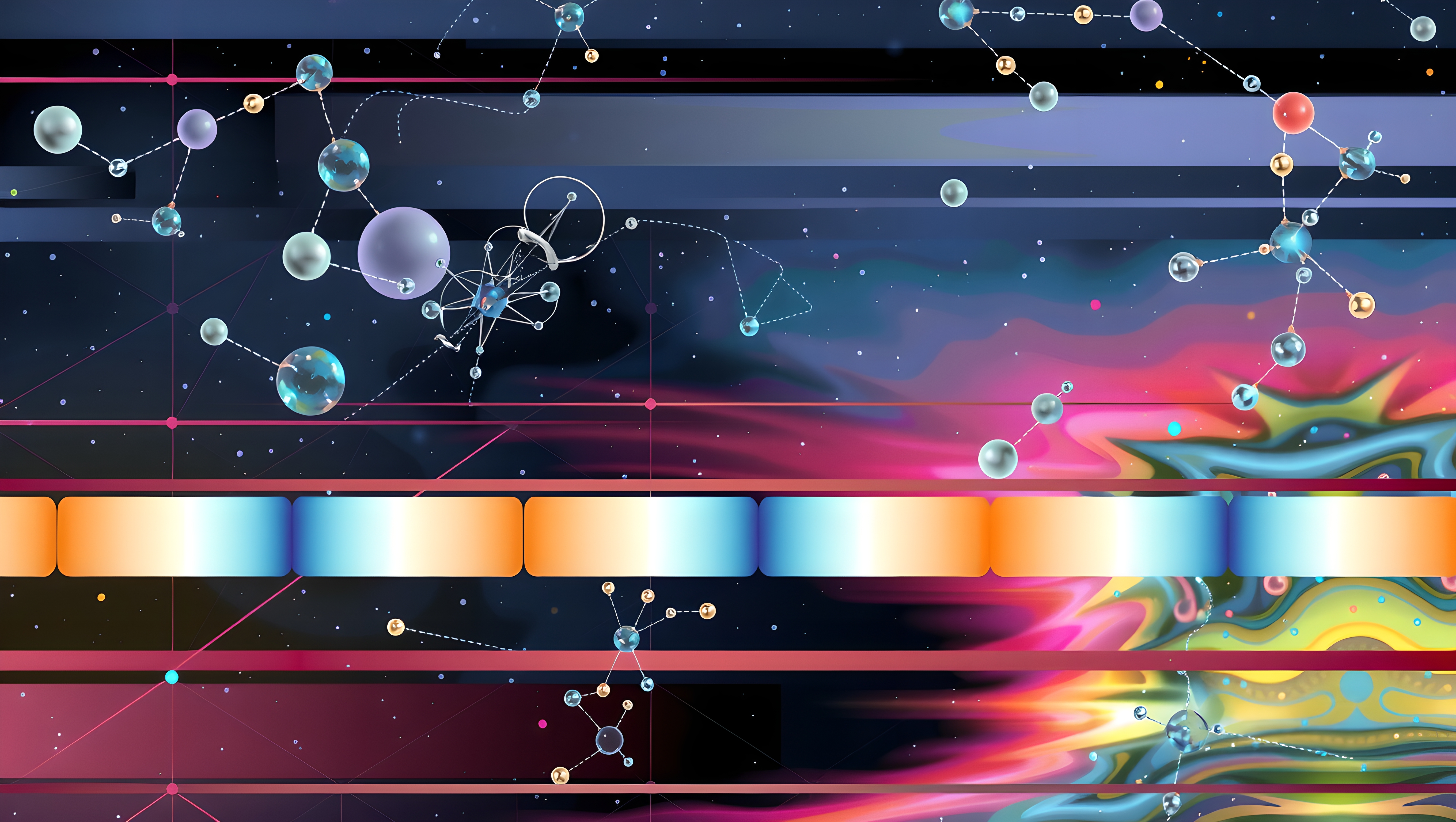 Abstract image of colorful, interconnected molecular structures against a cosmic background.