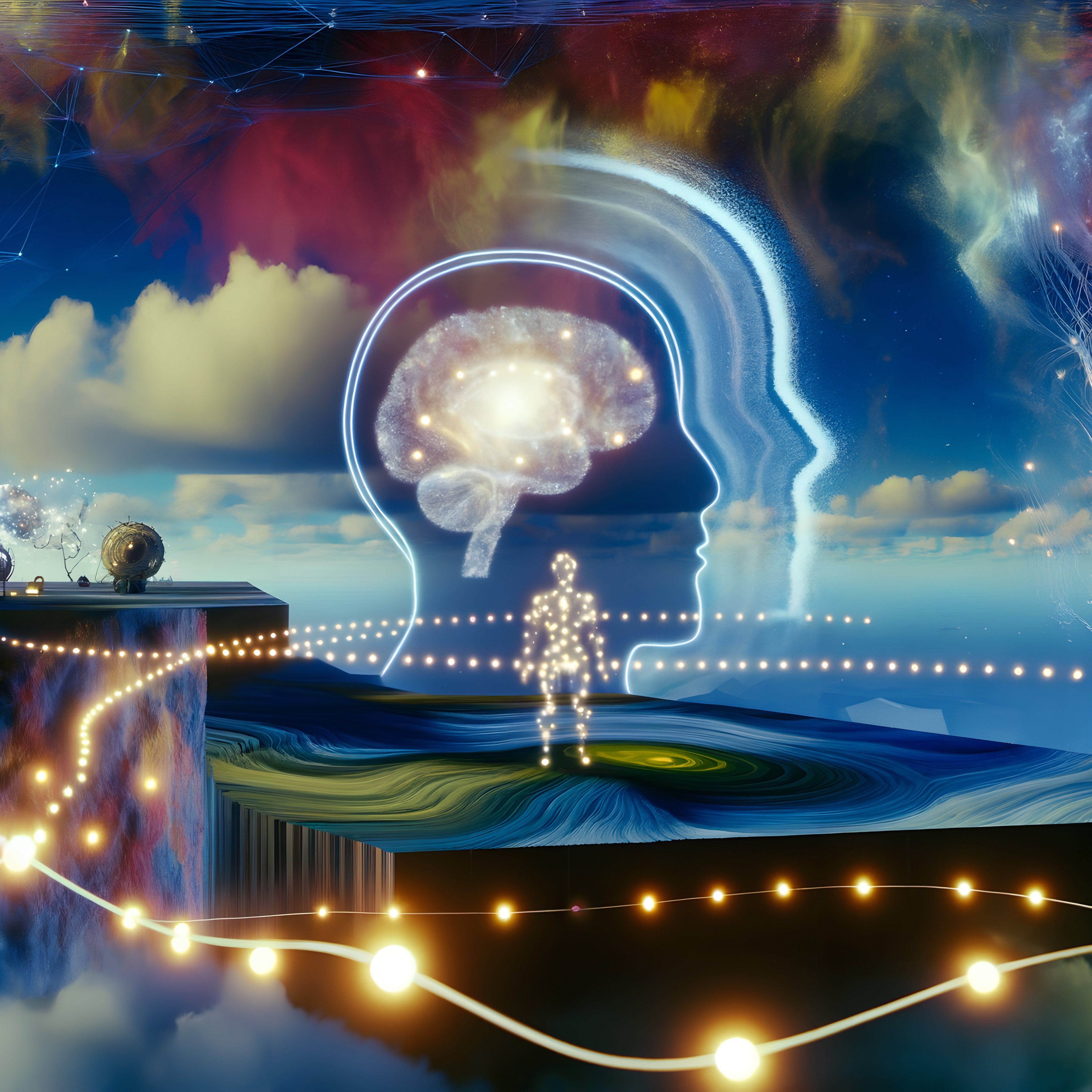 Futuristic scene of a silhouette with brain against colorful sky.