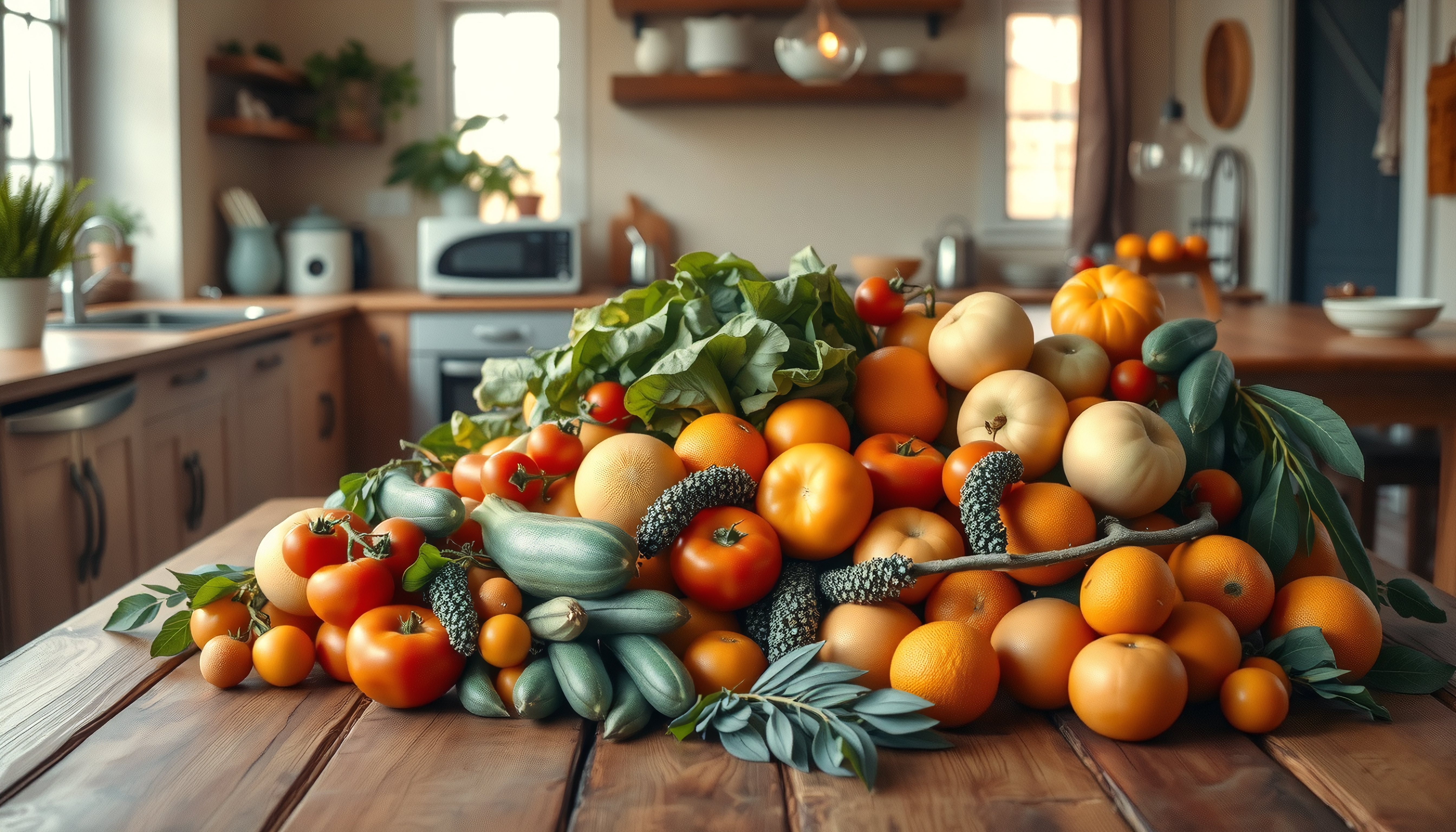 A colorful array of fruits and vegetables on a wooden kitchen table in a cozy atmosphere.