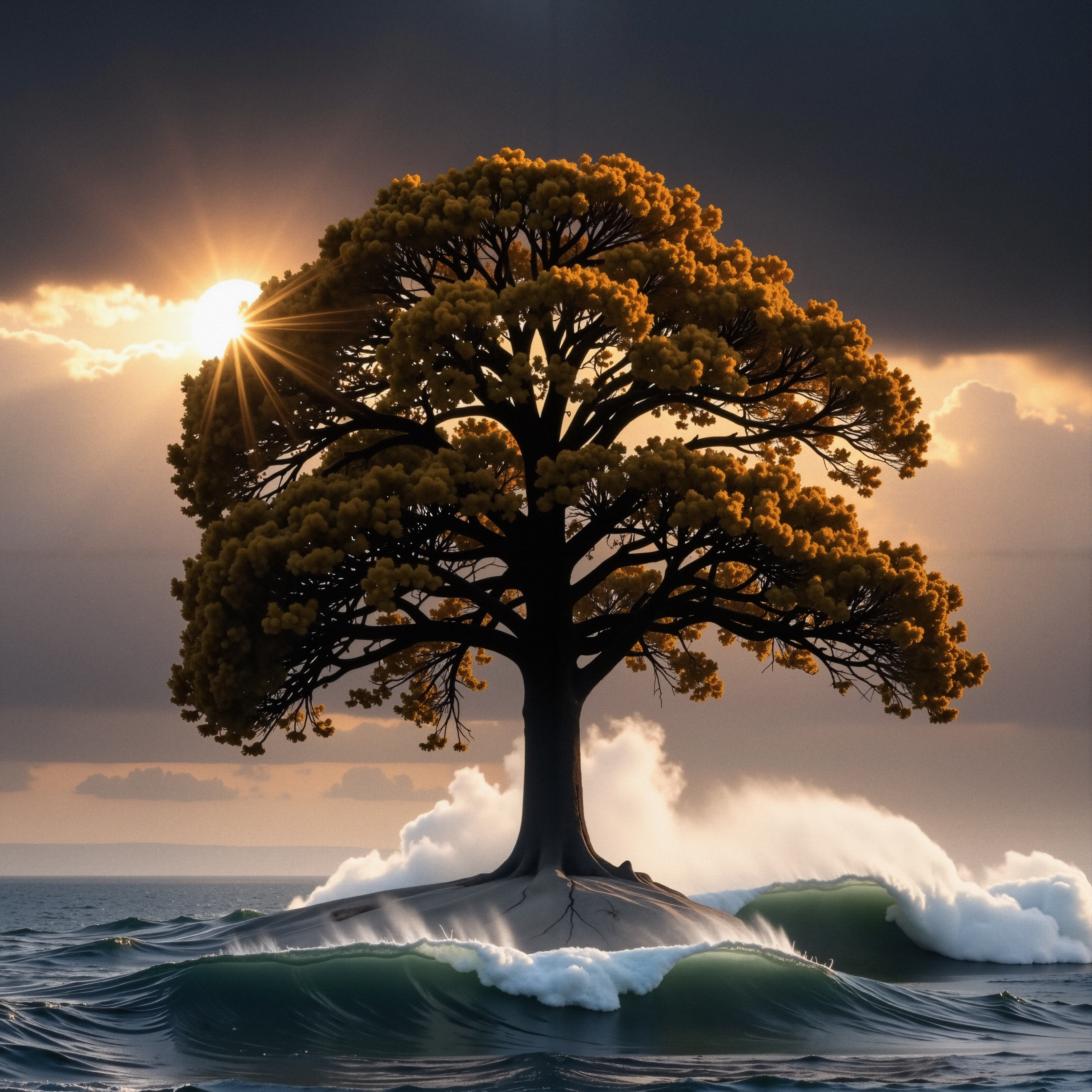 Solitary Tree Amidst Ocean Waves