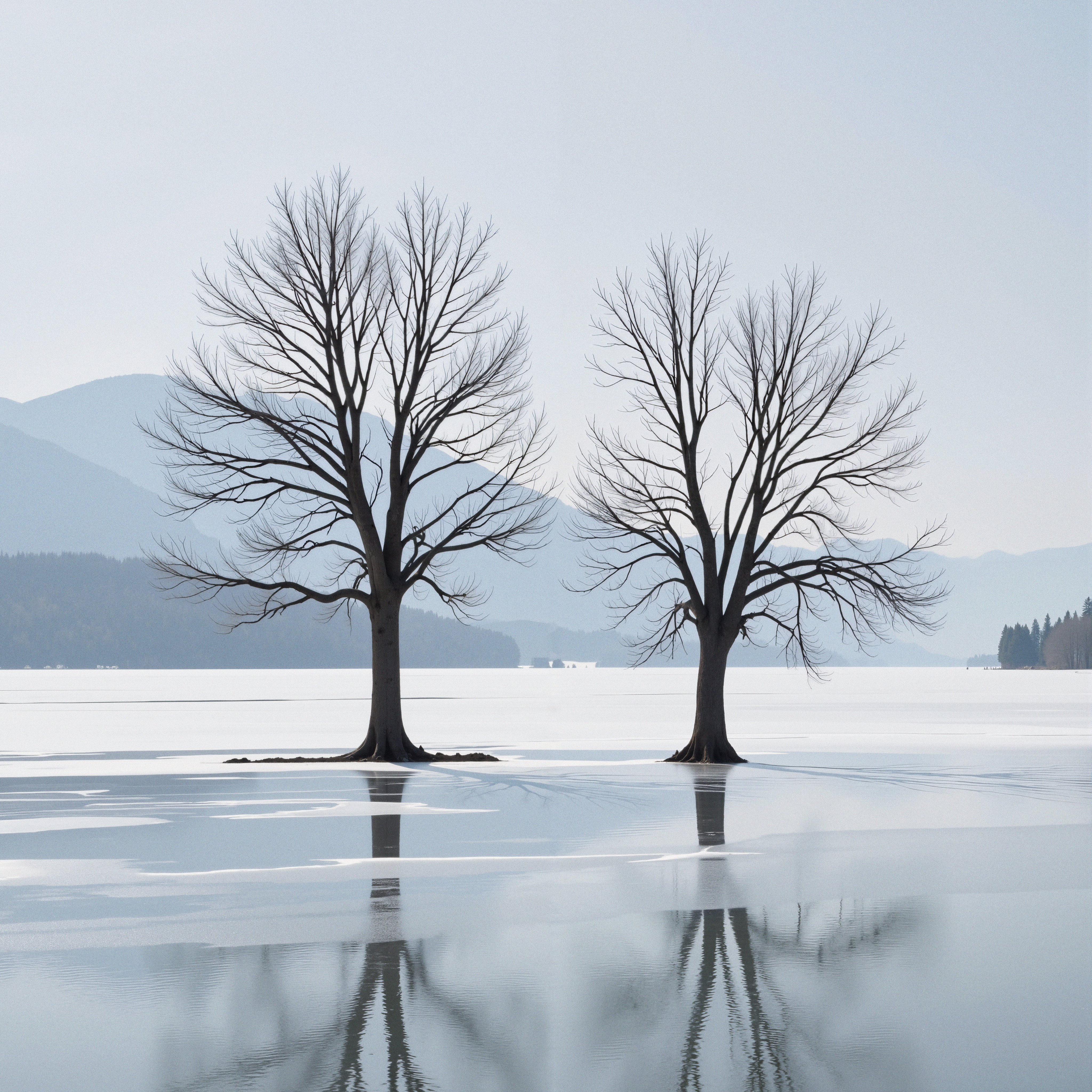 Two leafless trees reflecting on ice-covered lake with mountains in background.