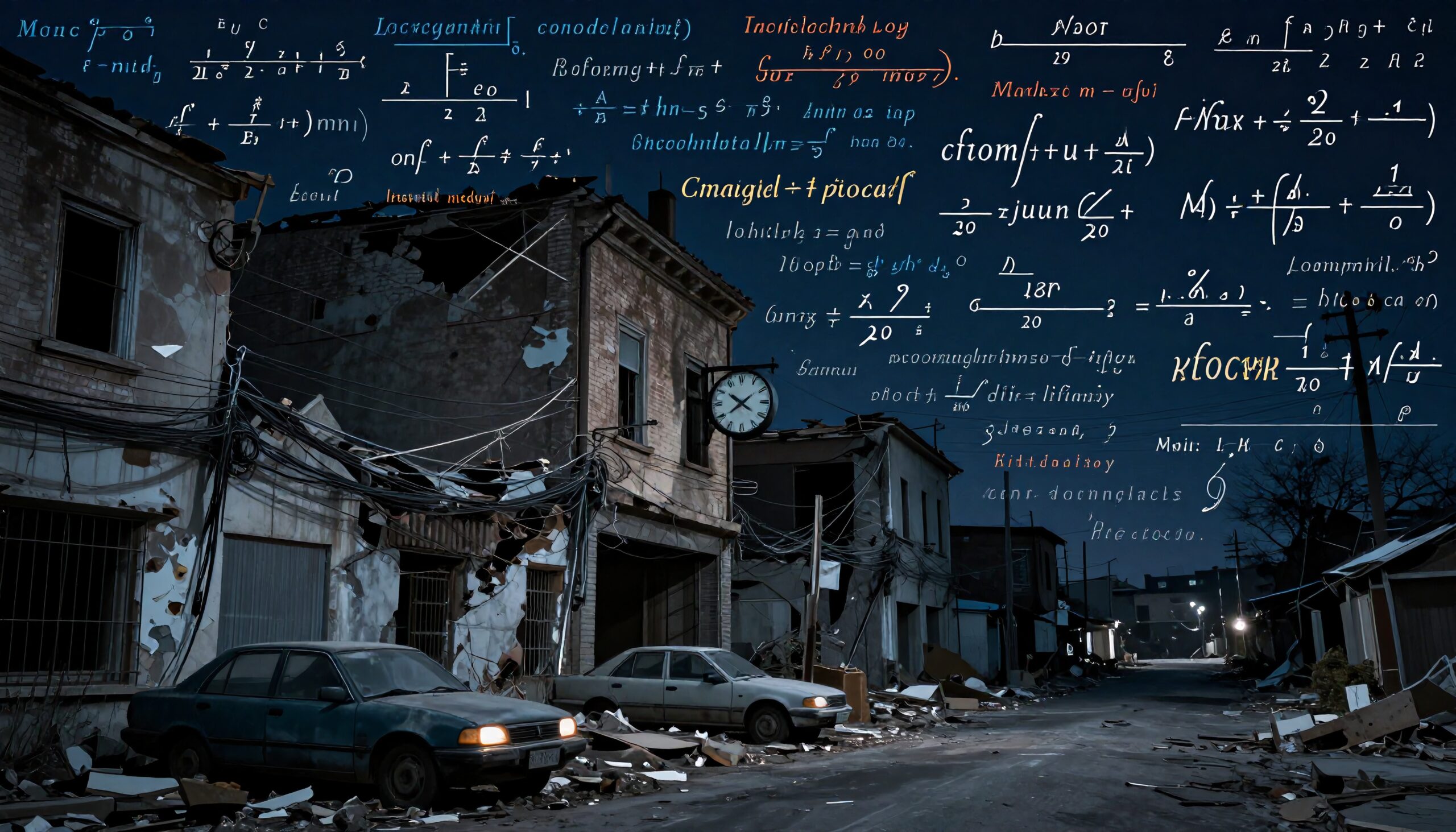Abandoned street with mathematical equations floating above.