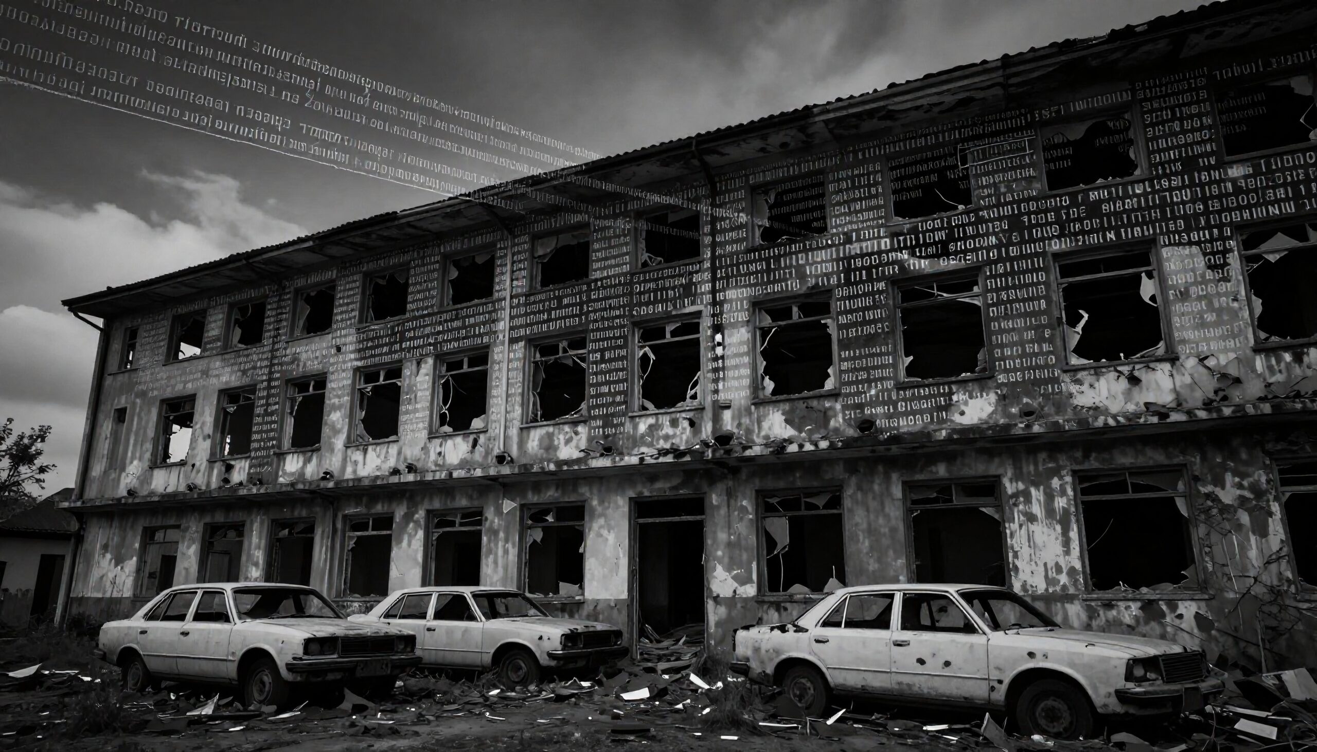 Abandoned building covered in binary code with broken windows and old cars.