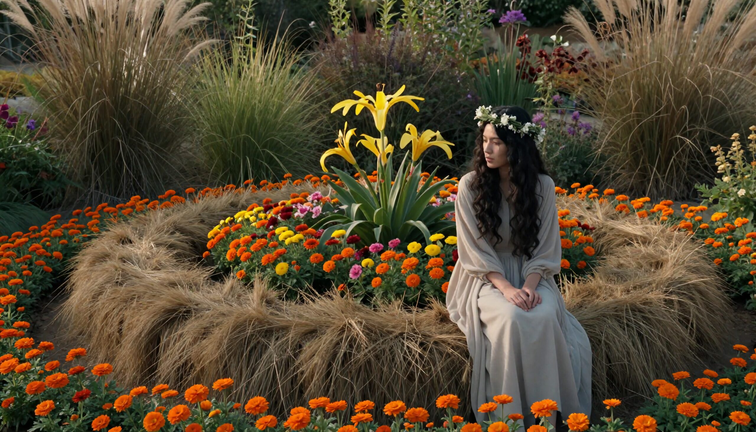 A woman in a garden surrounded by bright flowers and grasses, wearing a flower crown and cream gown.