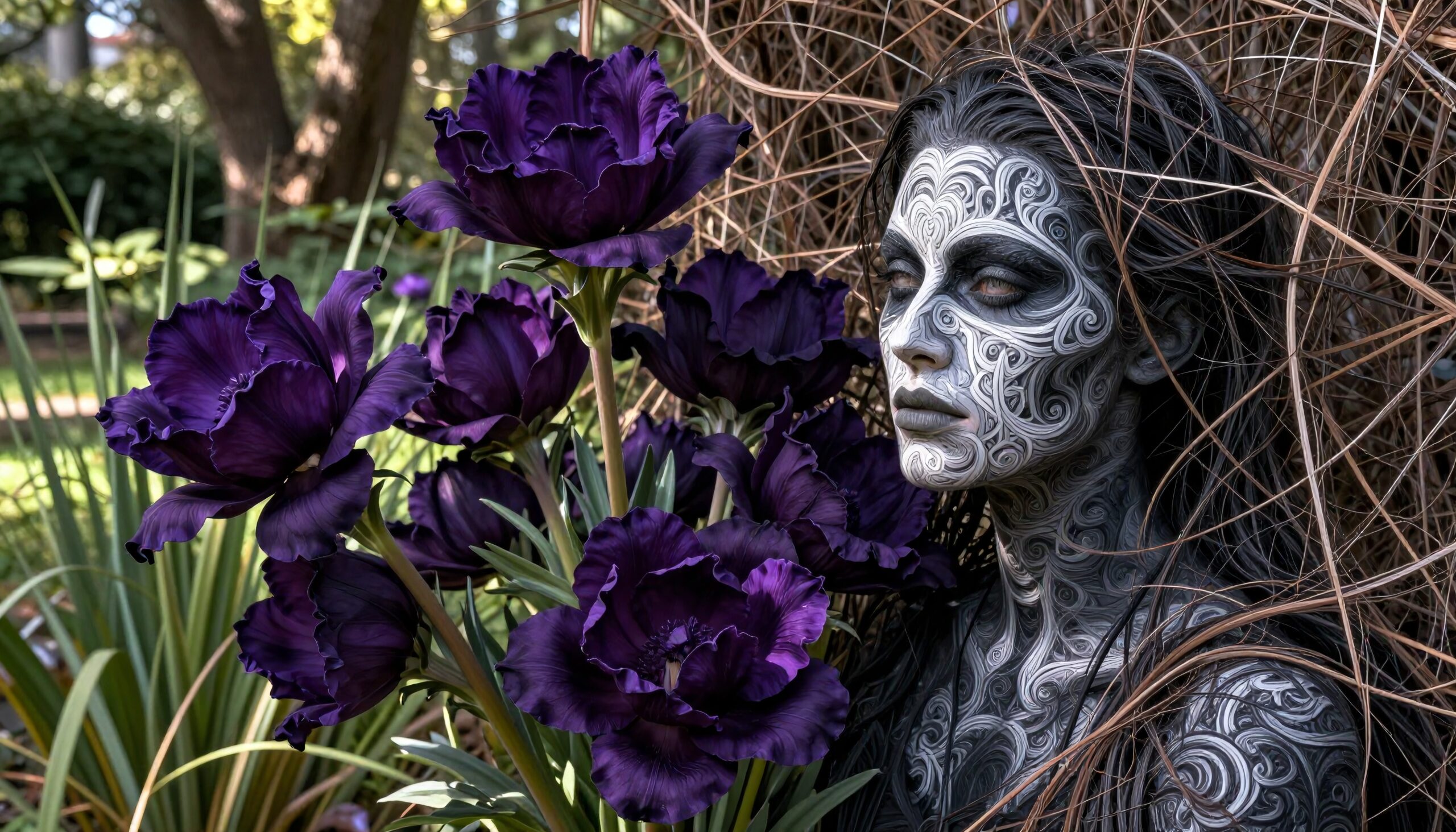 A woman with intricate body art among purple flowers in a tranquil garden setting.