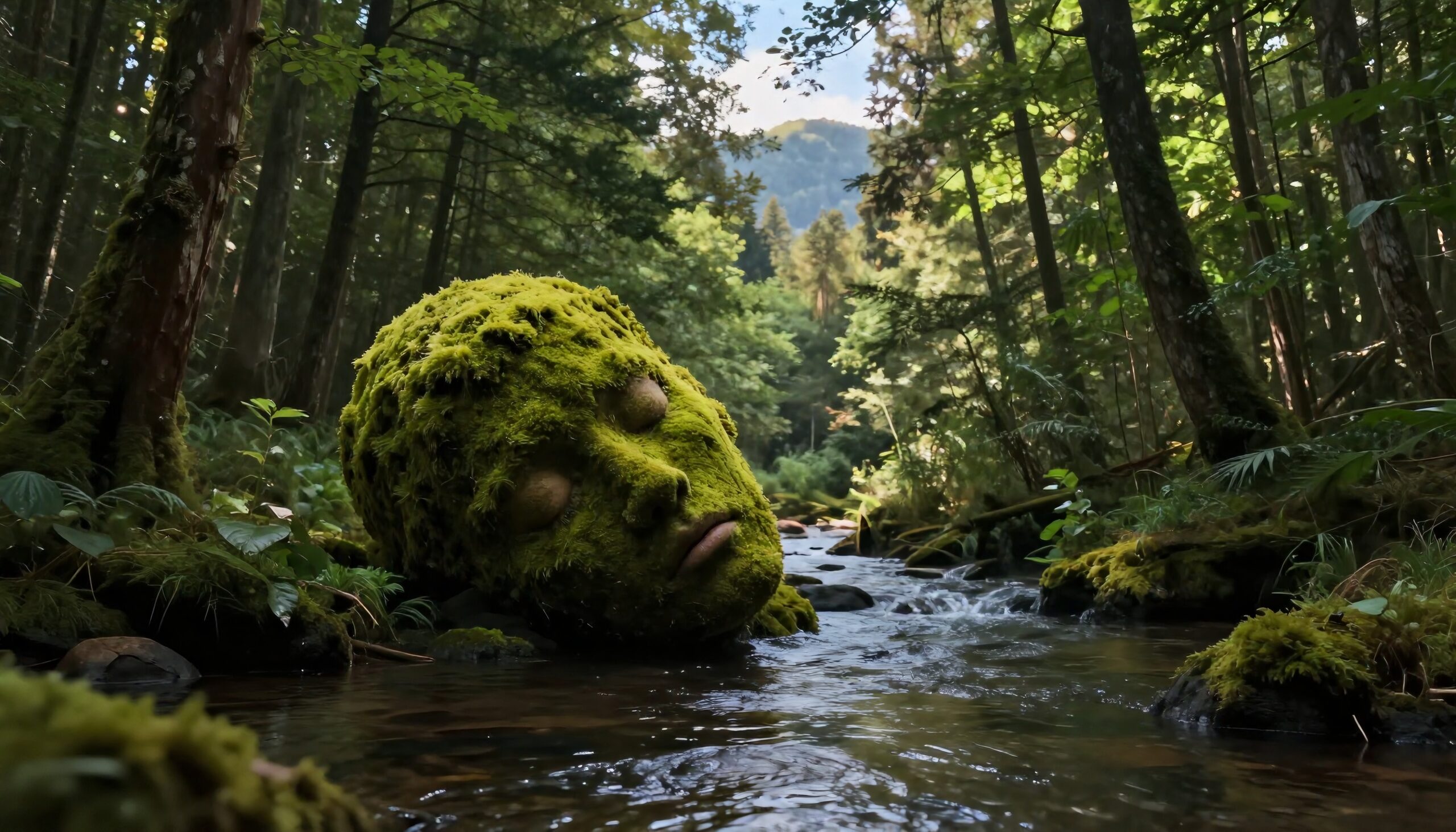 A moss-covered sculpture of a head rests in a tranquil forest stream, surrounded by lush greenery and dappled sunlight.