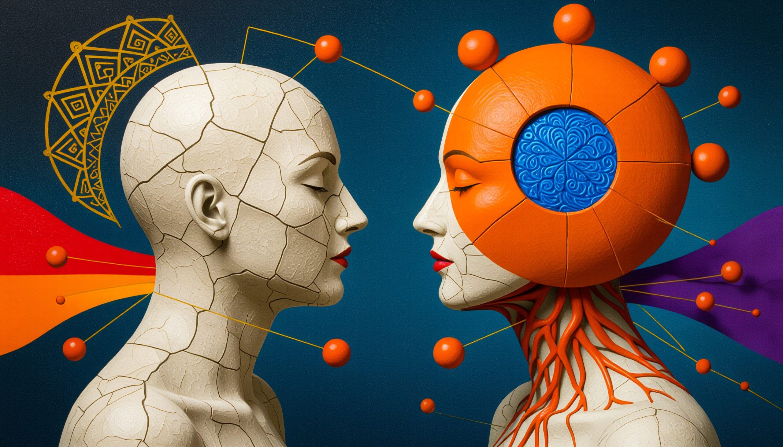 Two abstract human profiles with vivid colors.