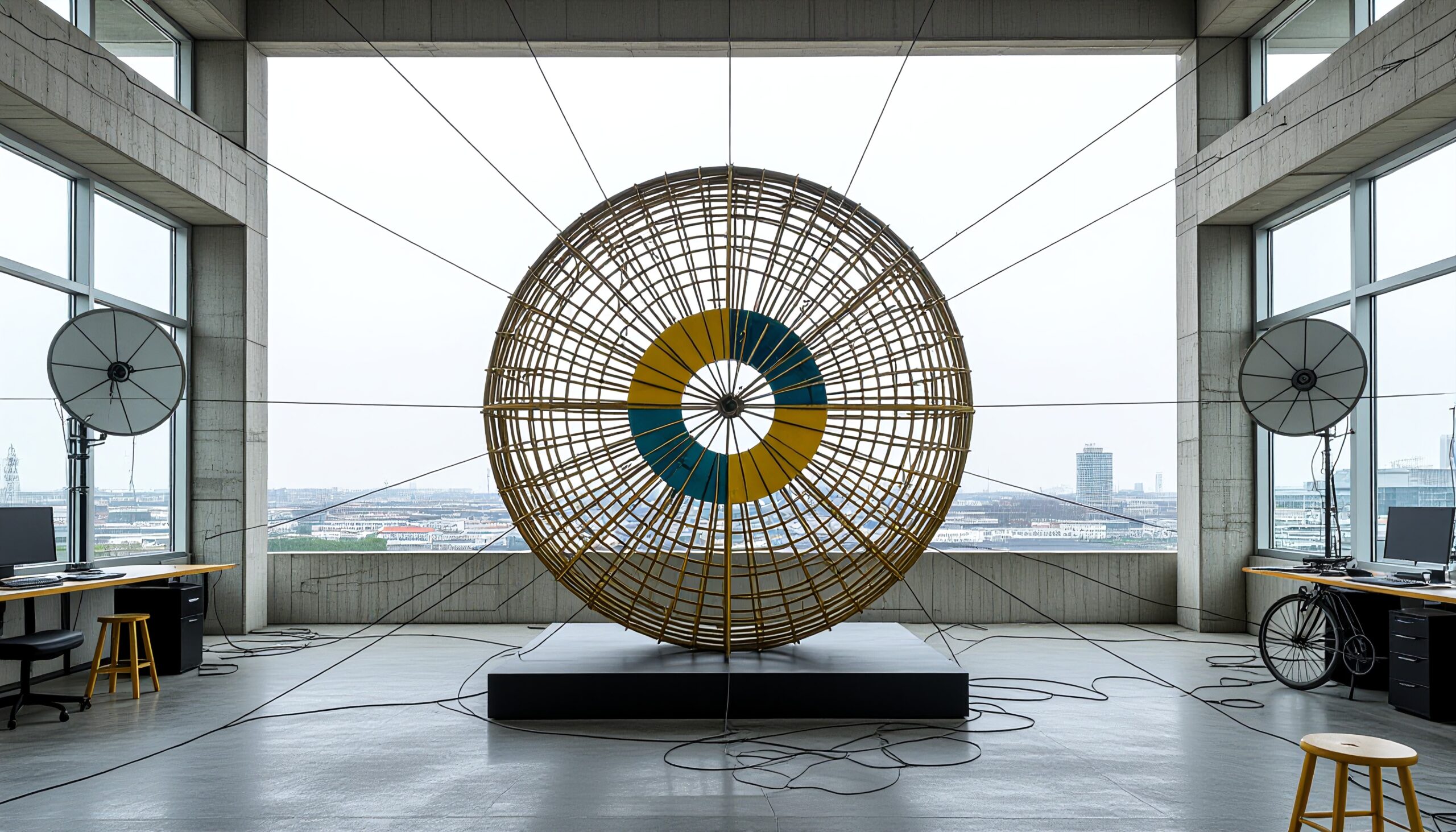 Large bamboo sphere centerpiece in a modern office with panoramic city views.