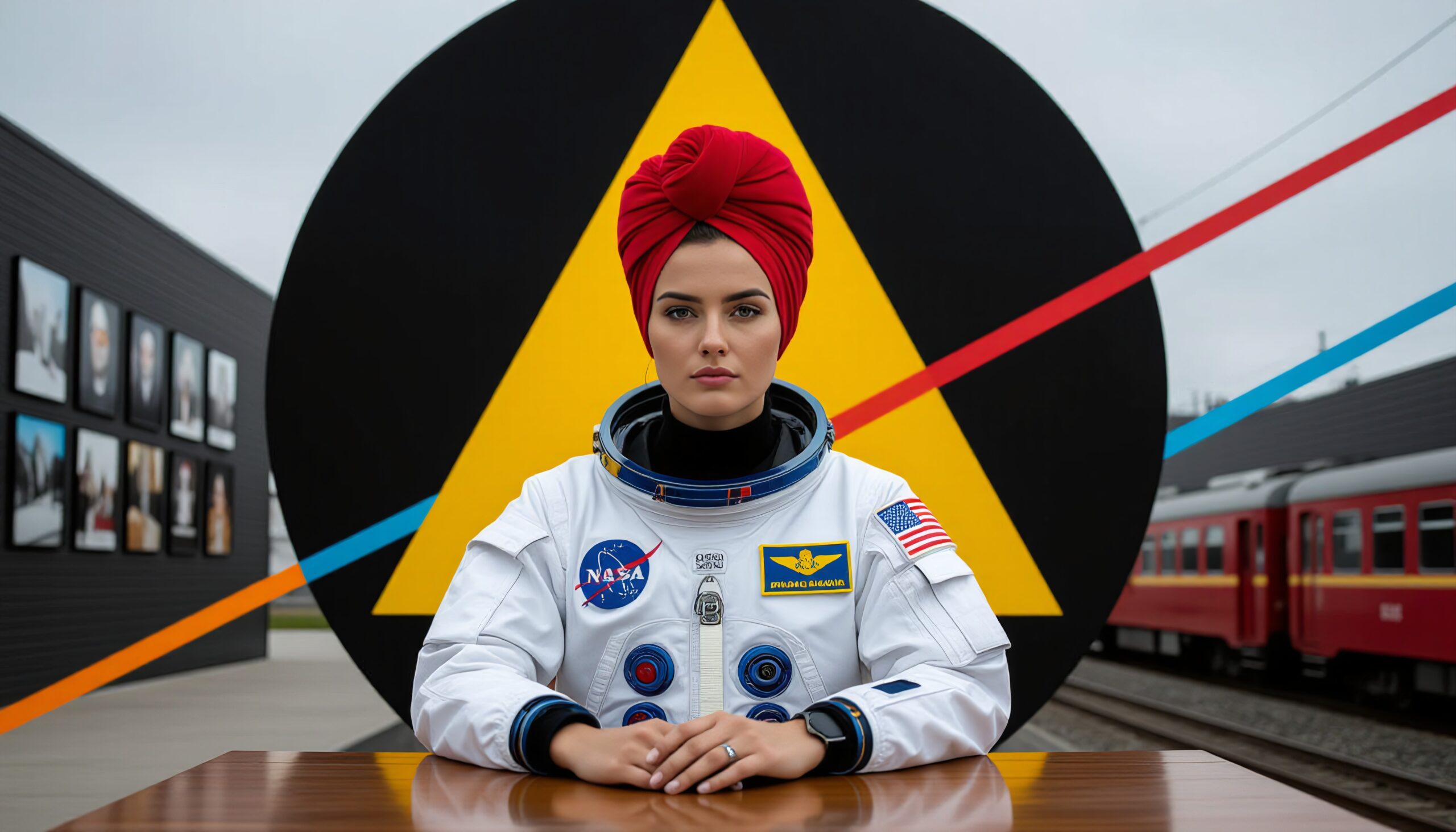 A woman in NASA suit sits confidently before a geometric mural, with a train in the background.
