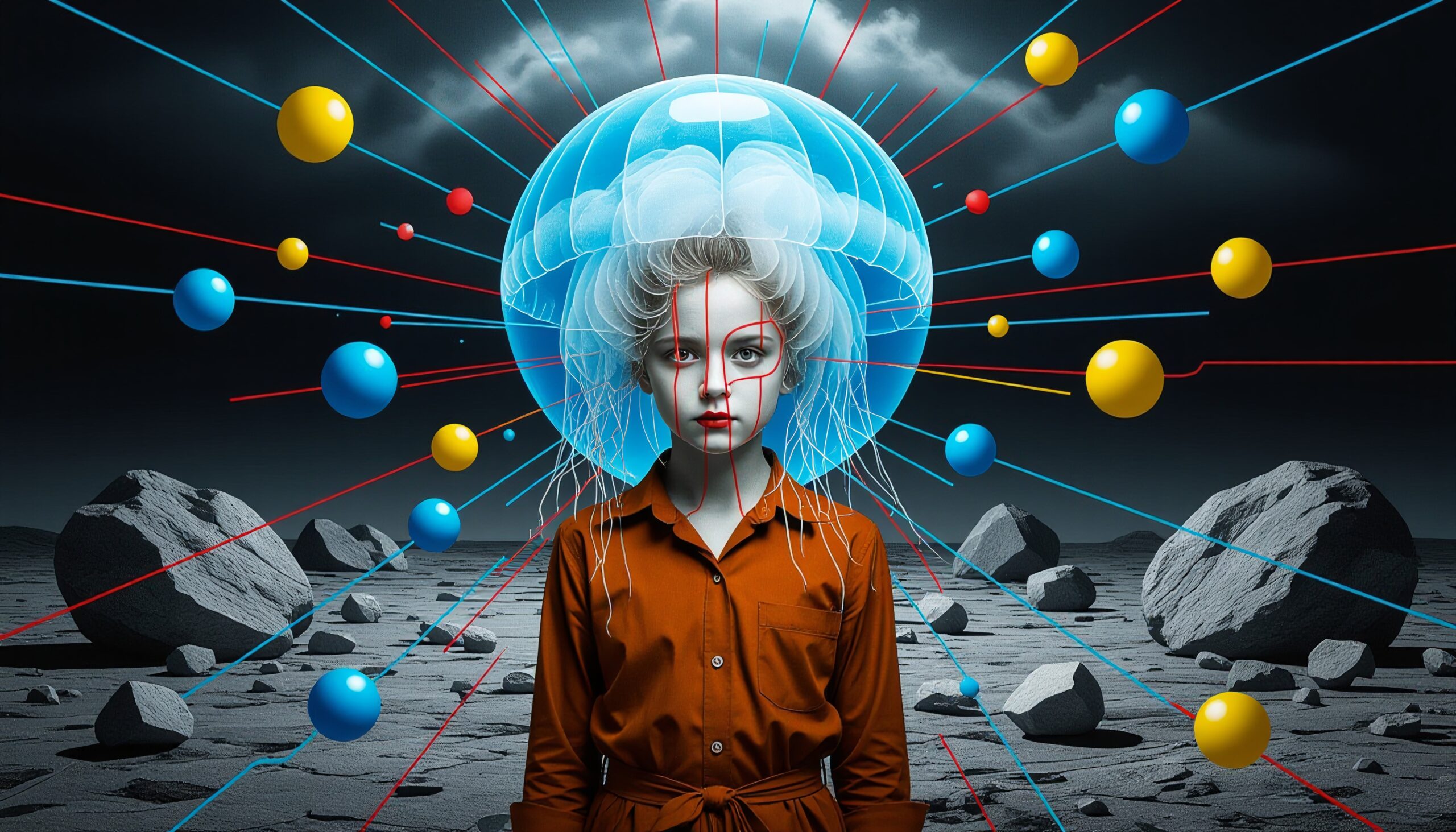 A futuristic woman stands in a surreal, rocky landscape with vibrant spheres and a jellyfish-like headpiece, embodying a blend of science fiction and abstract art.