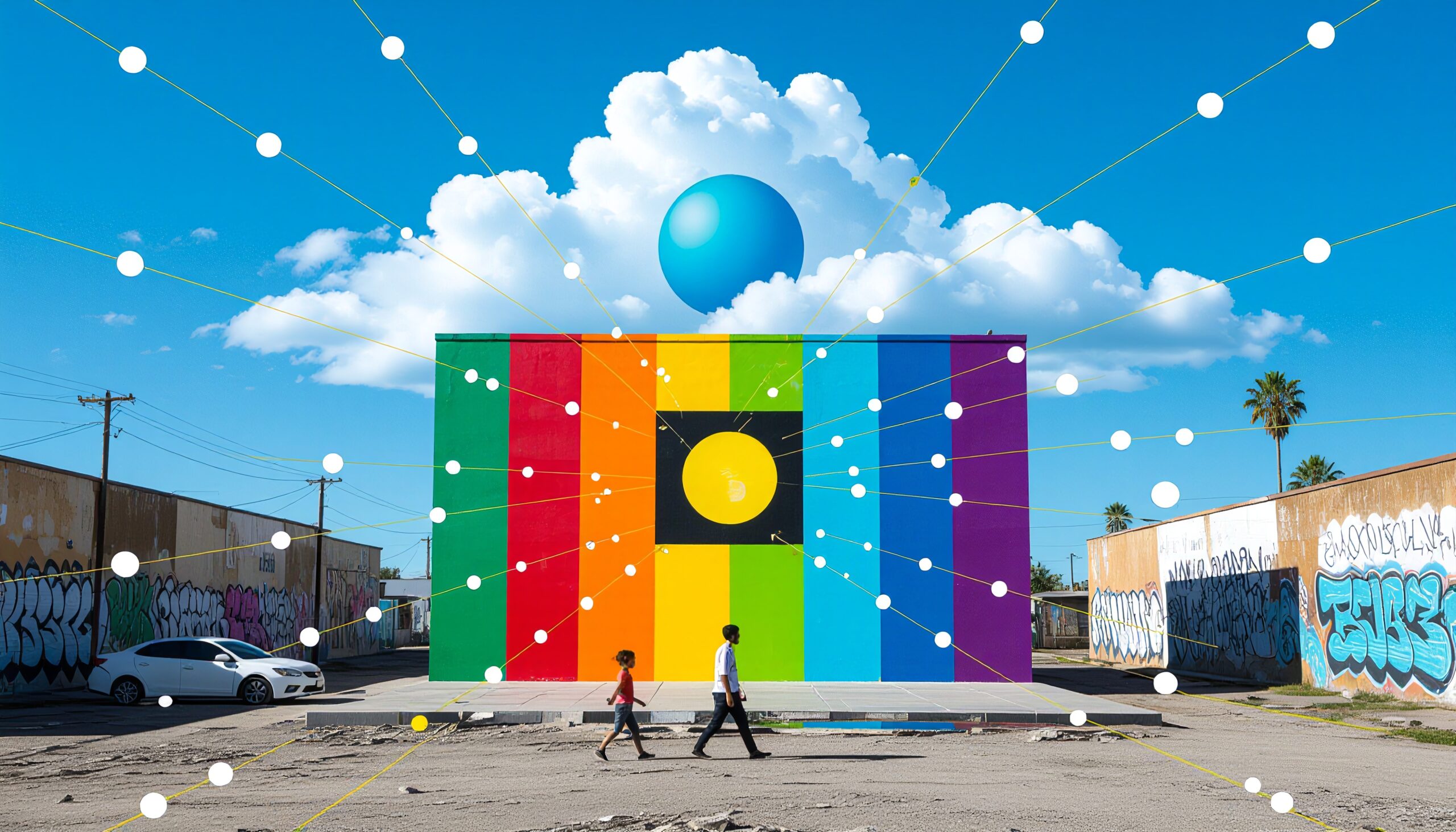 A vibrant geometric mural in an urban setting with pedestrians walking by.