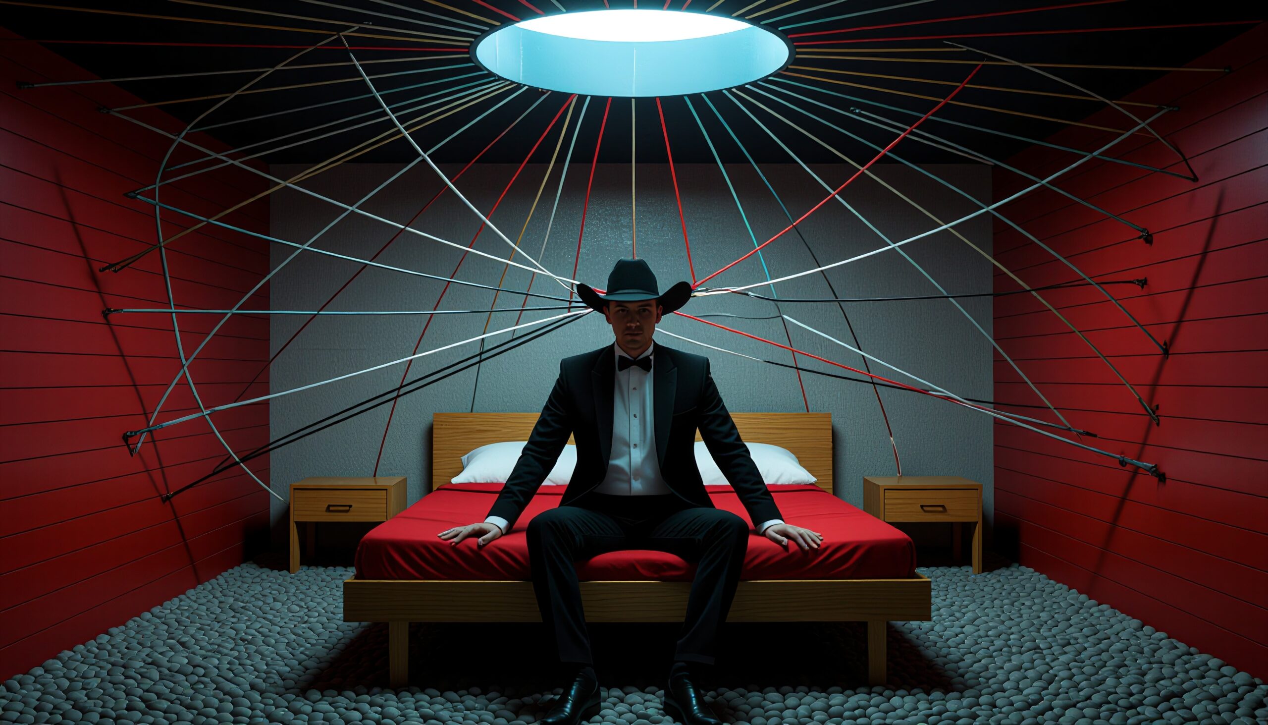 A man in a cowboy hat and suit sits on a red bed in a room with strings and pebbles.