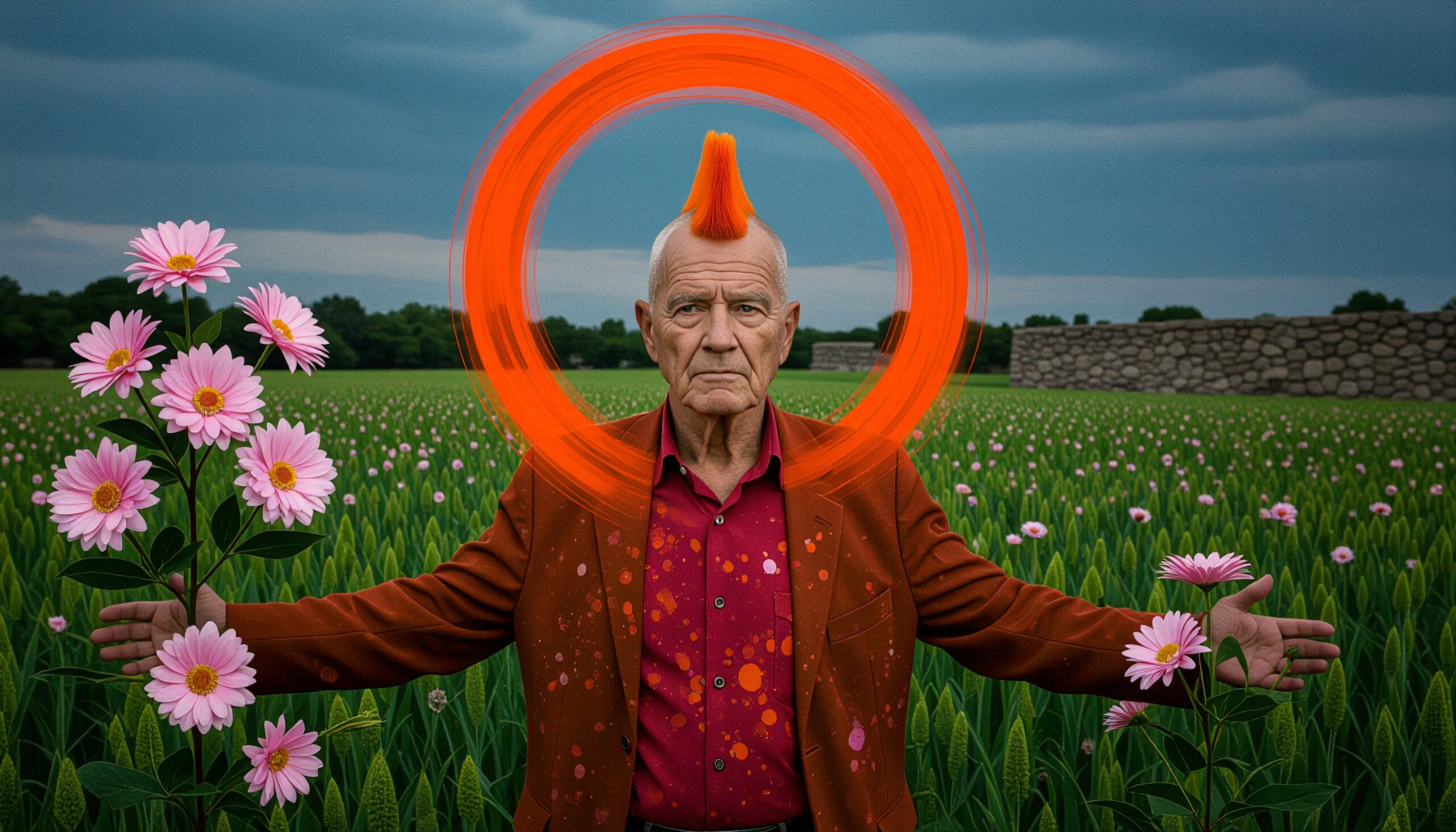 Elderly man with orange mohawk standing in flower field with pink daisies and orange circle backdrop.