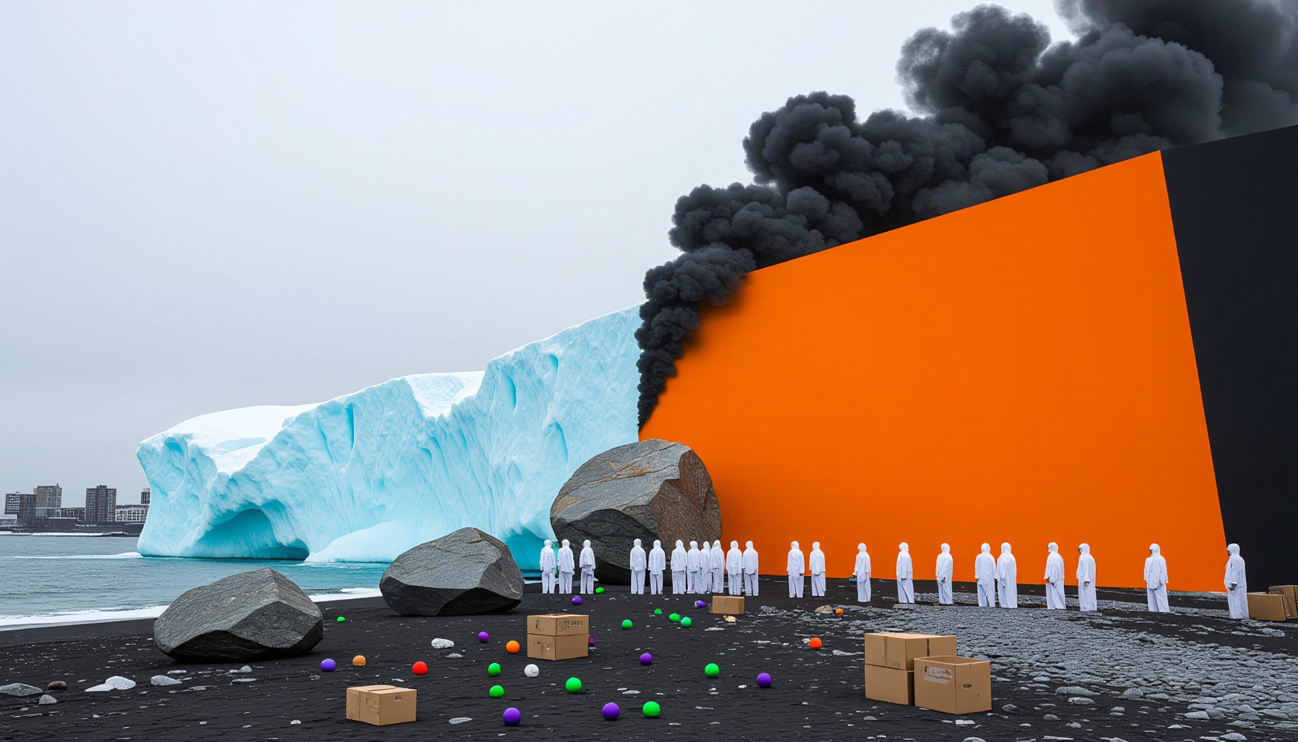 A surreal arctic landscape combining an iceberg and an orange wall with black smoke, featuring people in white garments, vibrant spheres, and a distant city skyline.