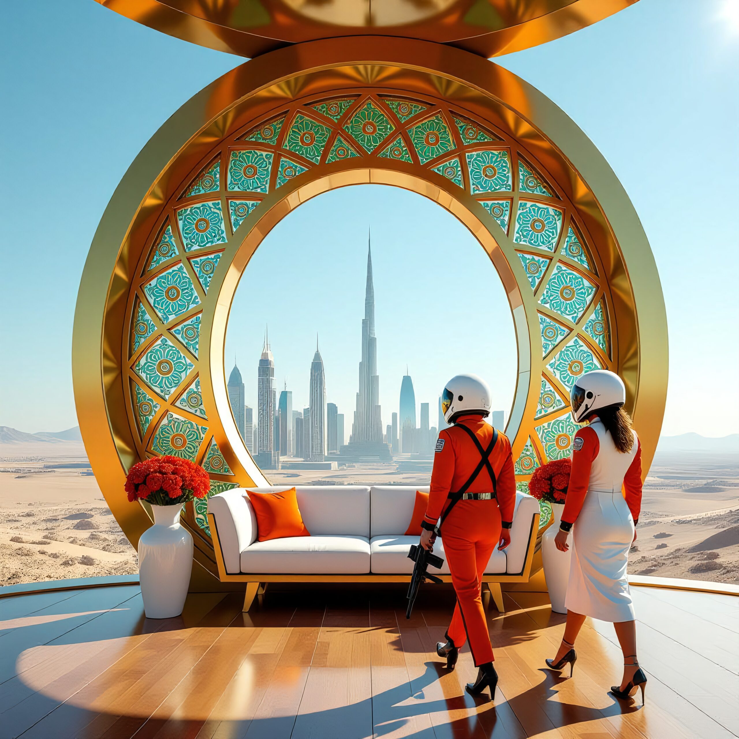 Elegant futuristic city view with modern architecture, desert, and unique seating.